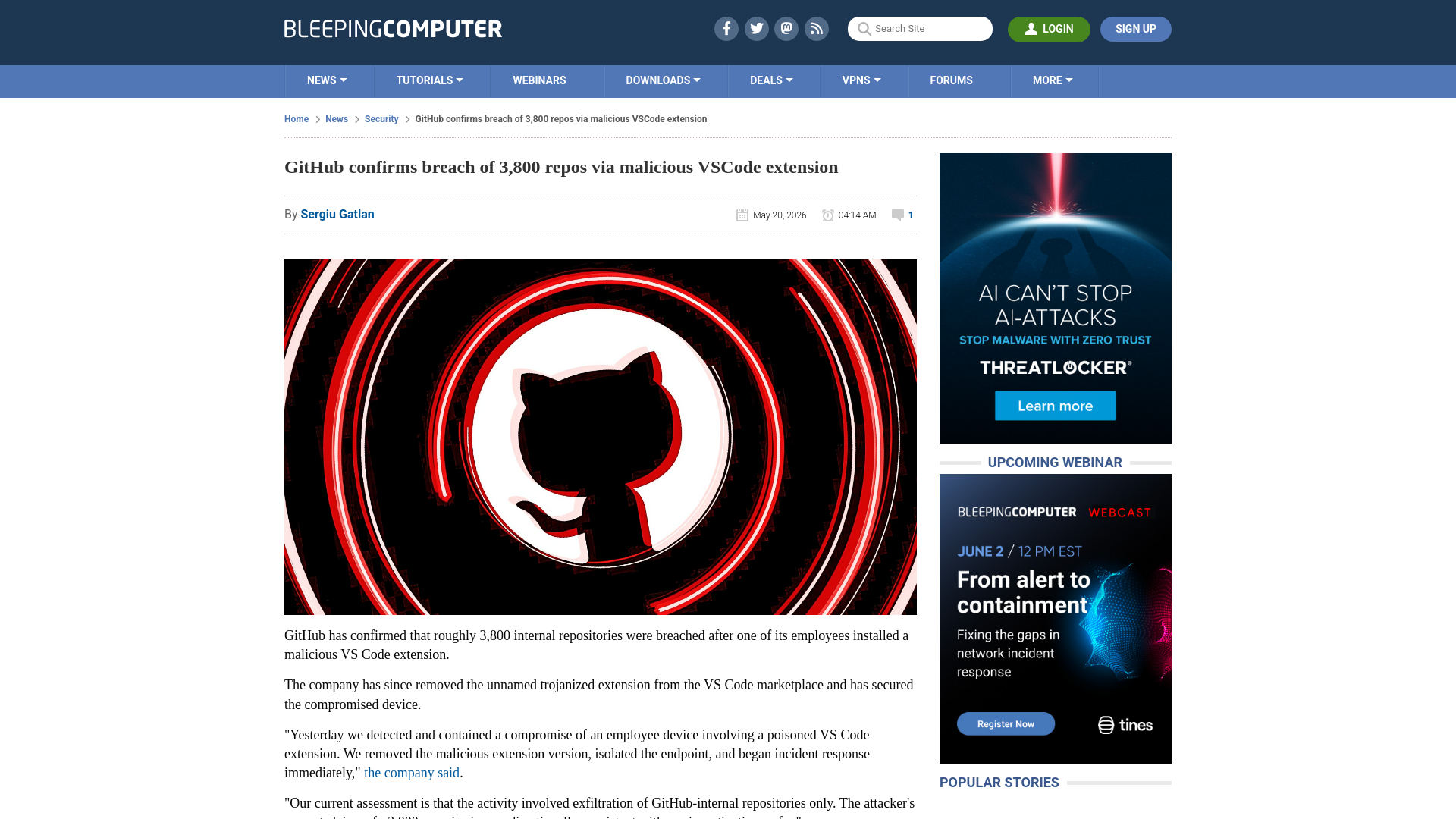 GitHub confirms breach of 3,800 repos via malicious VSCode extension