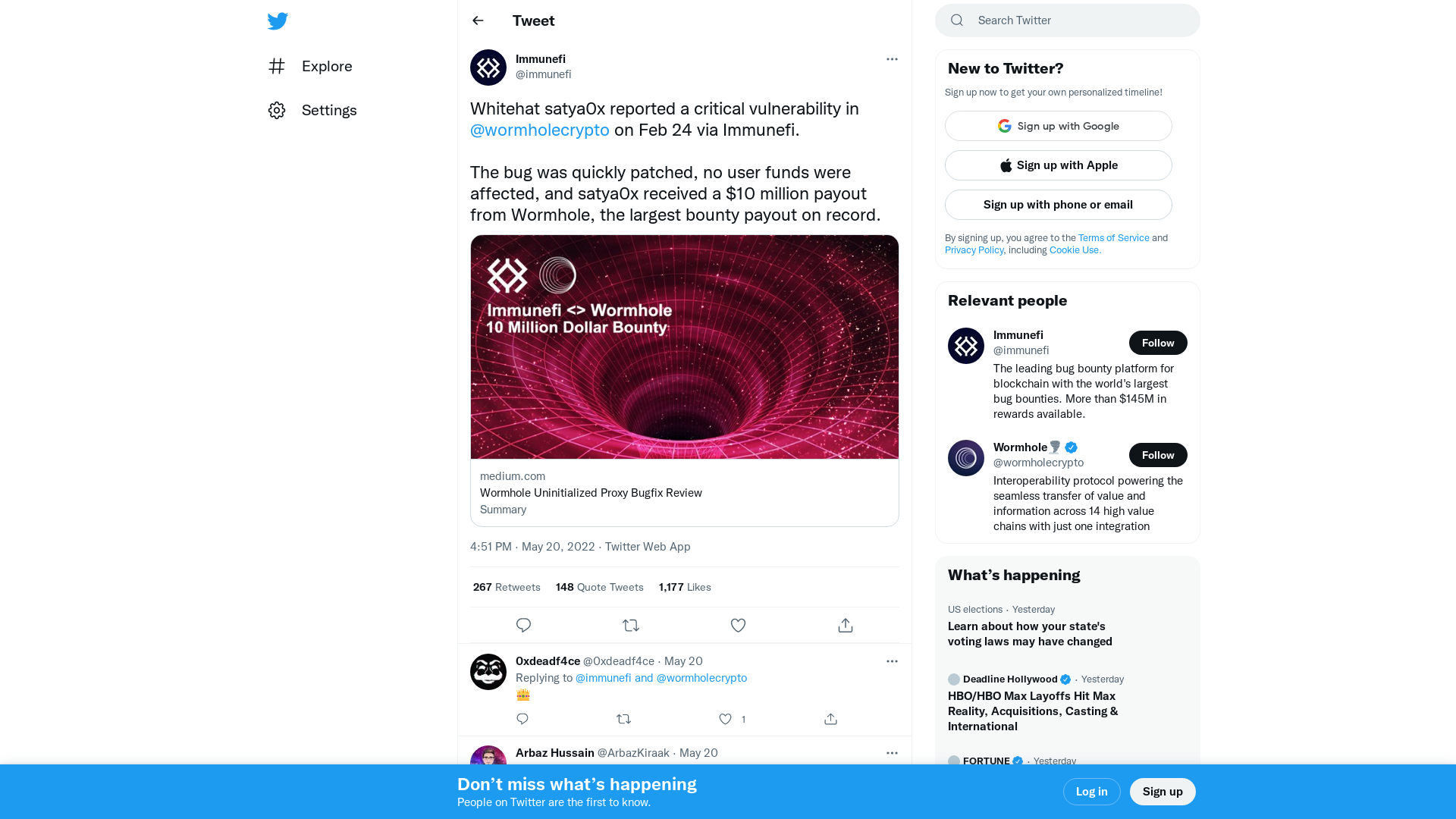 Immunefi on Twitter: "Whitehat satya0x reported a critical vulnerability in @wormholecrypto on Feb 24 via Immunefi. The bug was quickly patched, no user funds were affected, and satya0x received a $10 million payout from Wormhole, the largest bounty payout on record. https://t.co/xKDGxfFLjA" / Twitter