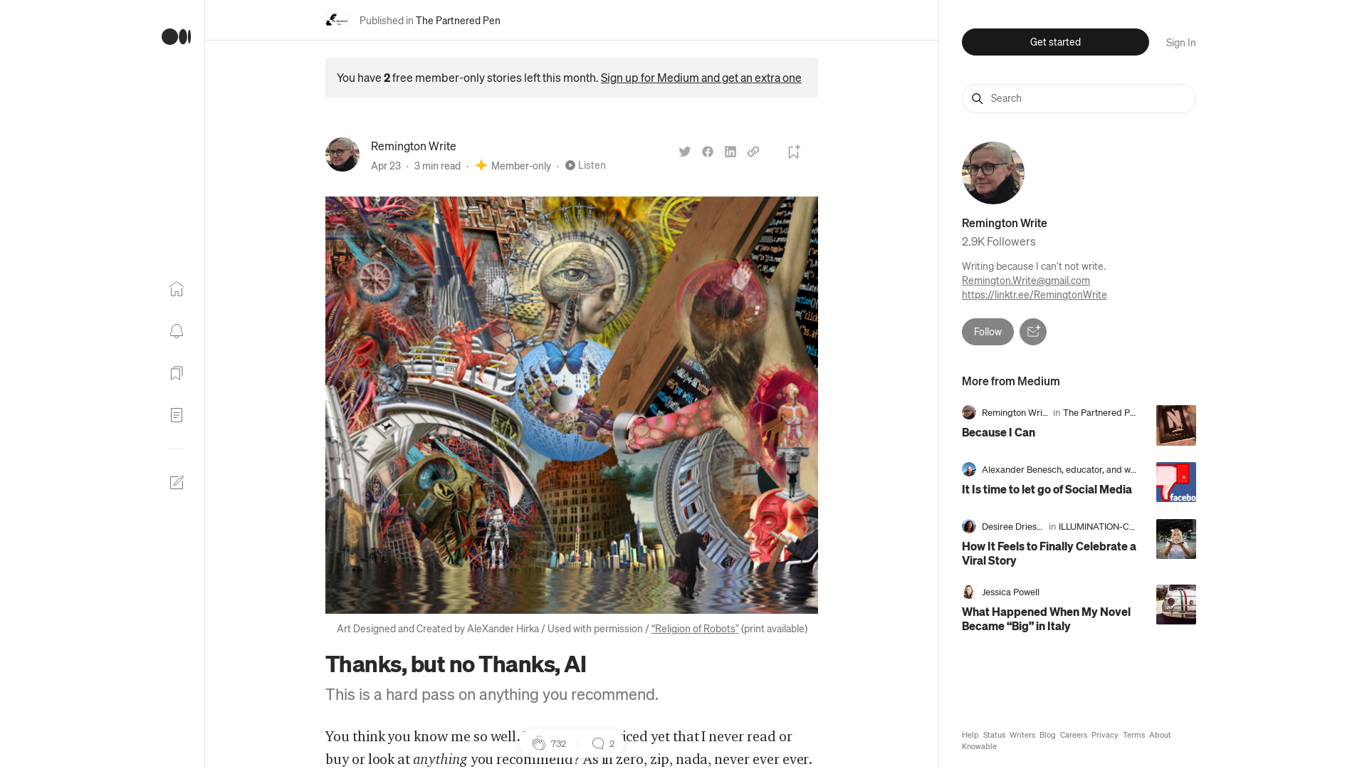 Thanks, but no Thanks, AI. This is a hard pass on anything you… | by Remington Write | The Partnered Pen | Medium