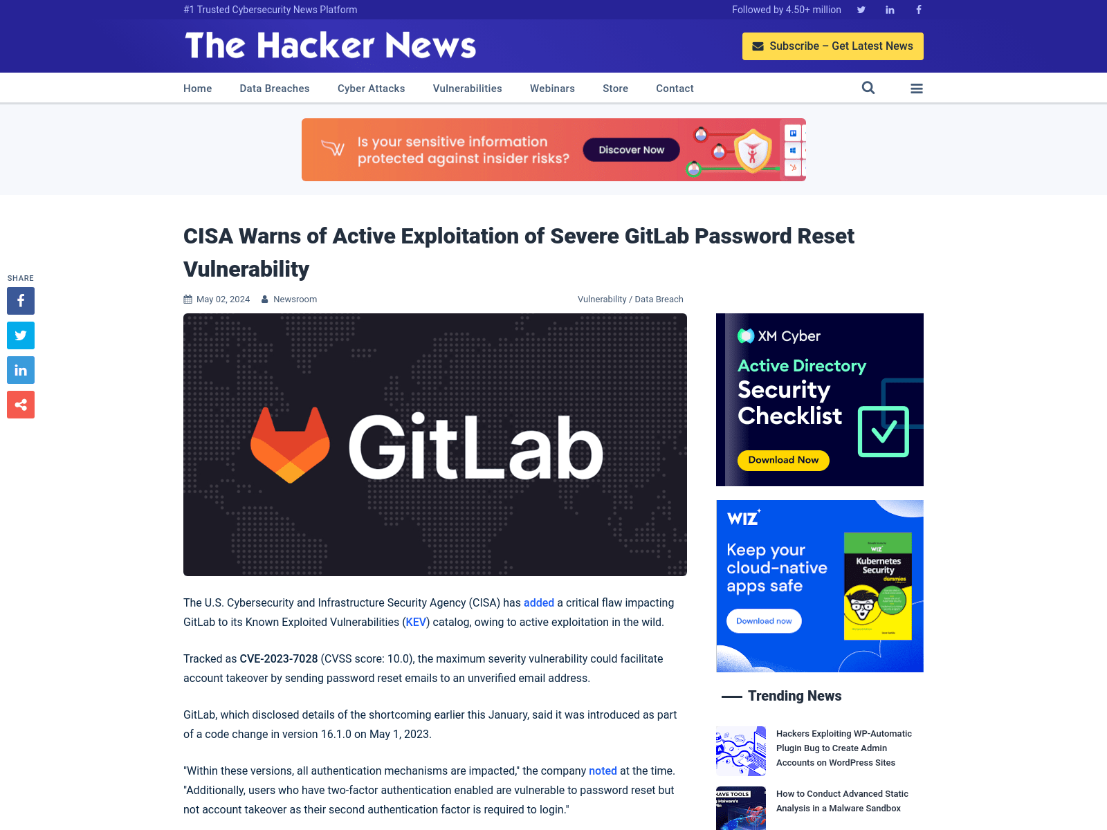 CISA Warns of Active Exploitation of Severe GitLab Password Reset Vulnerability