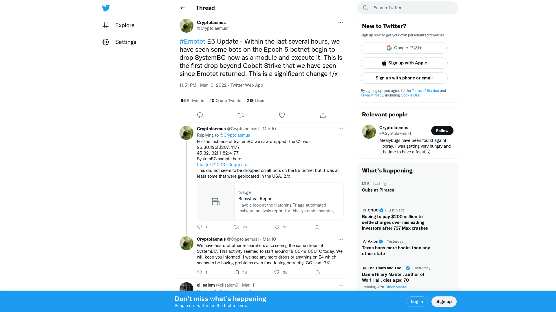 Cryptolaemus on Twitter: "#Emotet E5 Update - Within the last several hours, we have seen some bots on the Epoch 5 botnet begin to drop SystemBC now as a module and execute it. This is the first drop beyond Cobalt Strike that we have seen since Emotet returned. This is a significant change 1/x" / Twitter
