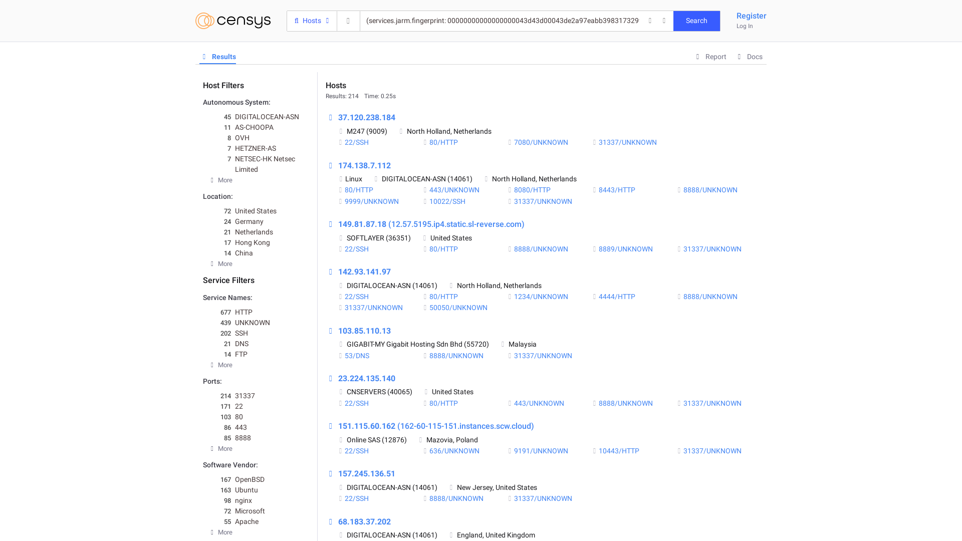 (services.jarm.fingerprint: 00000000000000000043d43d00043de2a97eabb398317329f027c66e4c1b01) and services.port=`31337 ↩ ` - Host Search - Censys