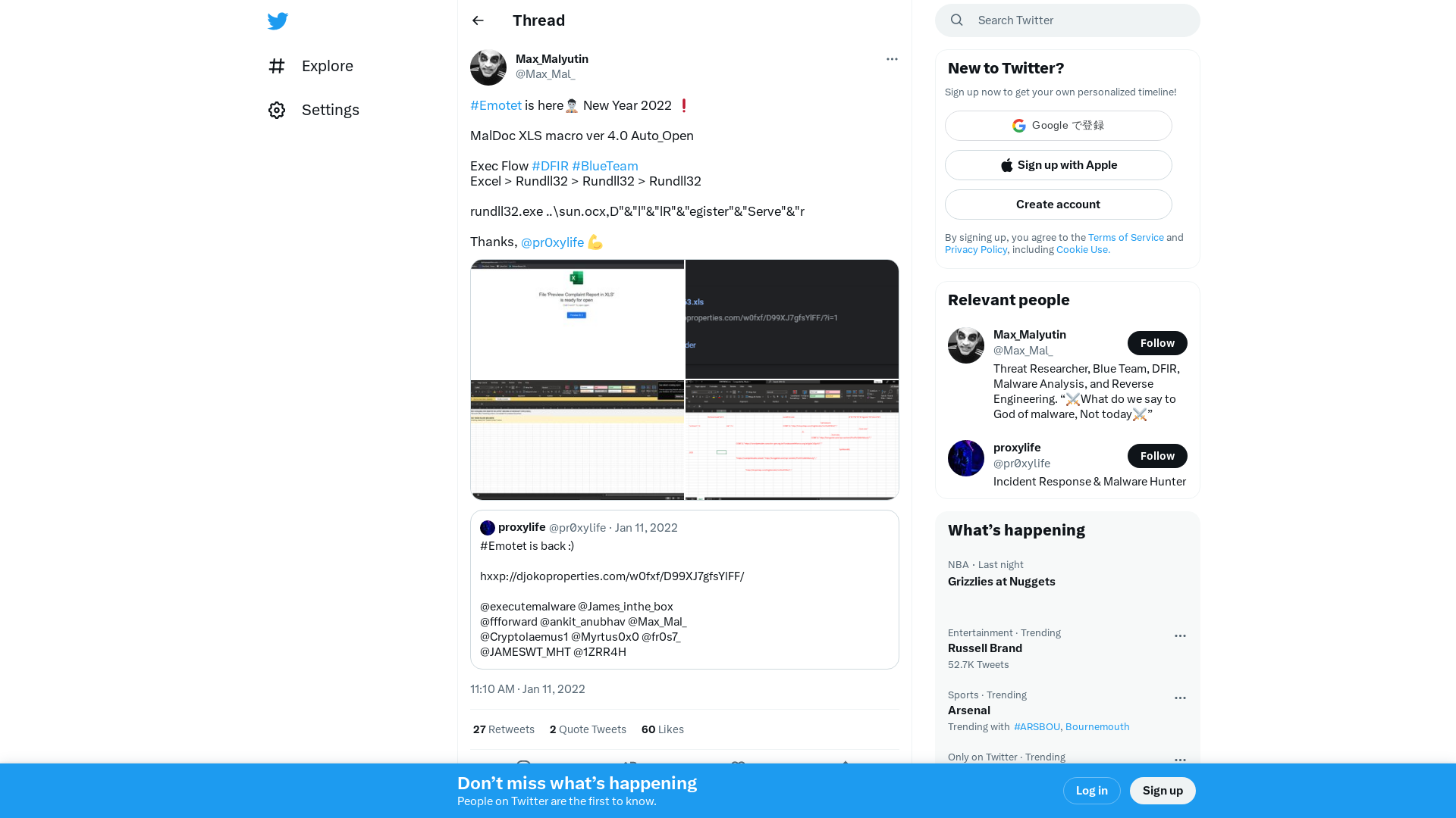 Max_Malyutin on Twitter: "#Emotet is here🧟‍♂️ New Year 2022 ❗️ MalDoc XLS macro ver 4.0 Auto_Open Exec Flow #DFIR #BlueTeam Excel > Rundll32 > Rundll32 > Rundll32 rundll32.exe ..\sun.ocx,D"&amp;"l"&amp;"lR"&amp;"egister"&amp;"Serve"&amp;"r Thanks, @pr0xylife 💪 https://t.co/xCnPJT9f8O" / Twitter