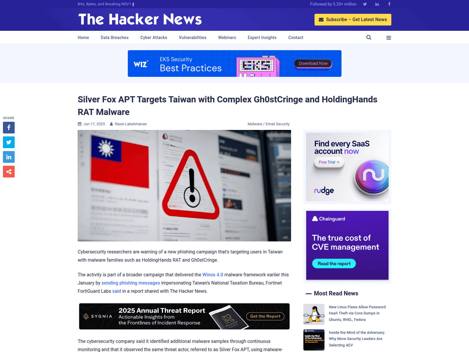 Silver Fox APT Targets Taiwan with Complex Gh0stCringe and HoldingHands RAT Malware