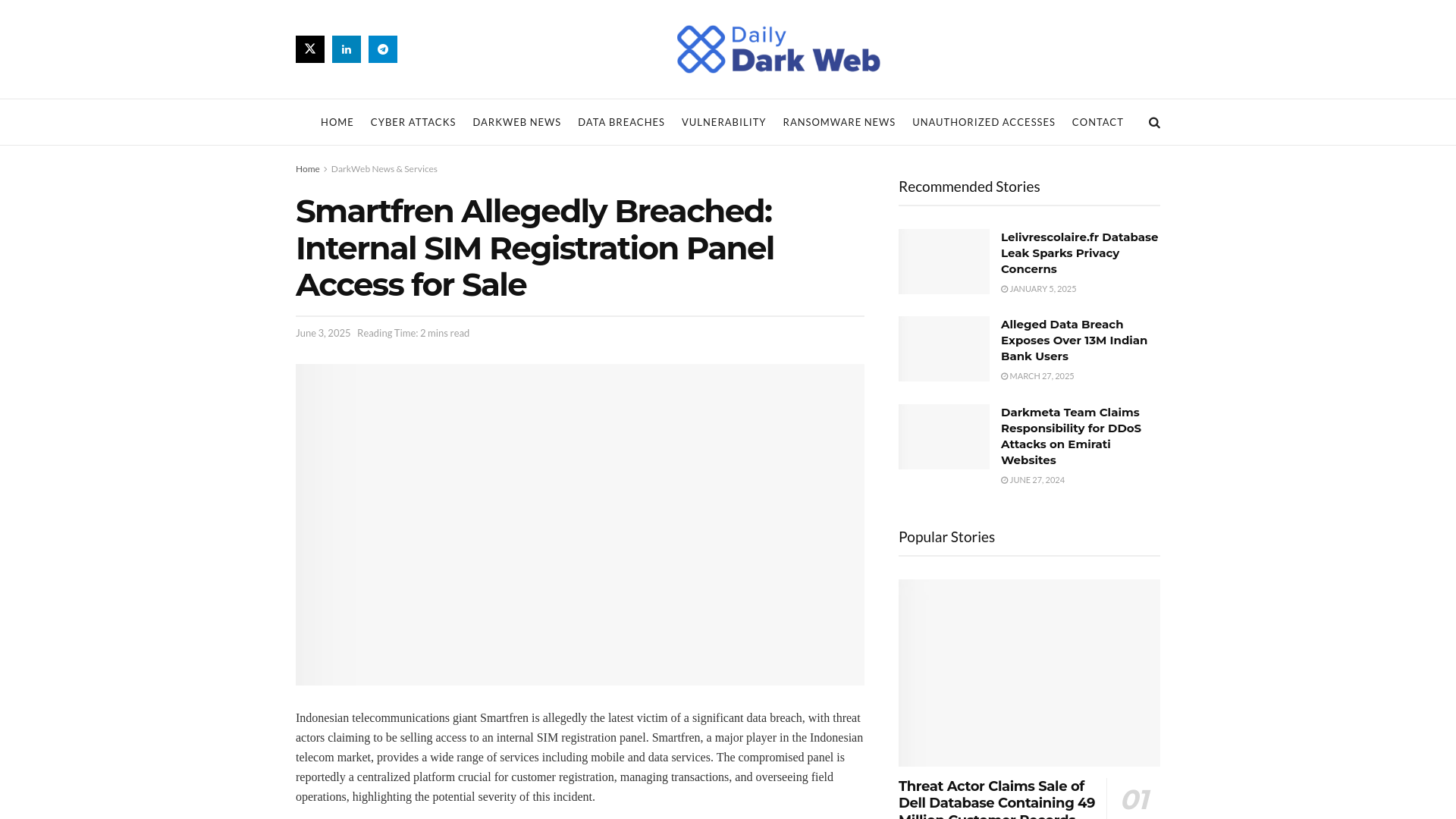 Smartfren Allegedly Breached: Internal SIM Registration Panel Access for Sale - Daily Dark Web