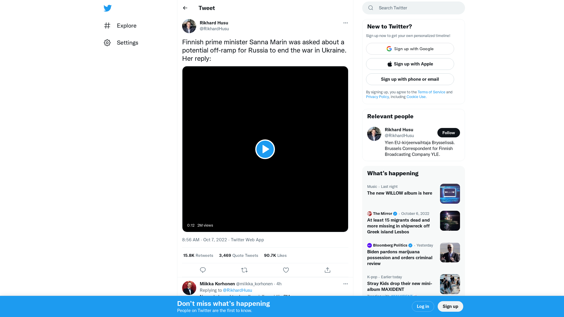 Rikhard Husu on Twitter: "Finnish prime minister Sanna Marin was asked about a potential off-ramp for Russia to end the war in Ukraine. Her reply: https://t.co/VblWxkMuFc" / Twitter