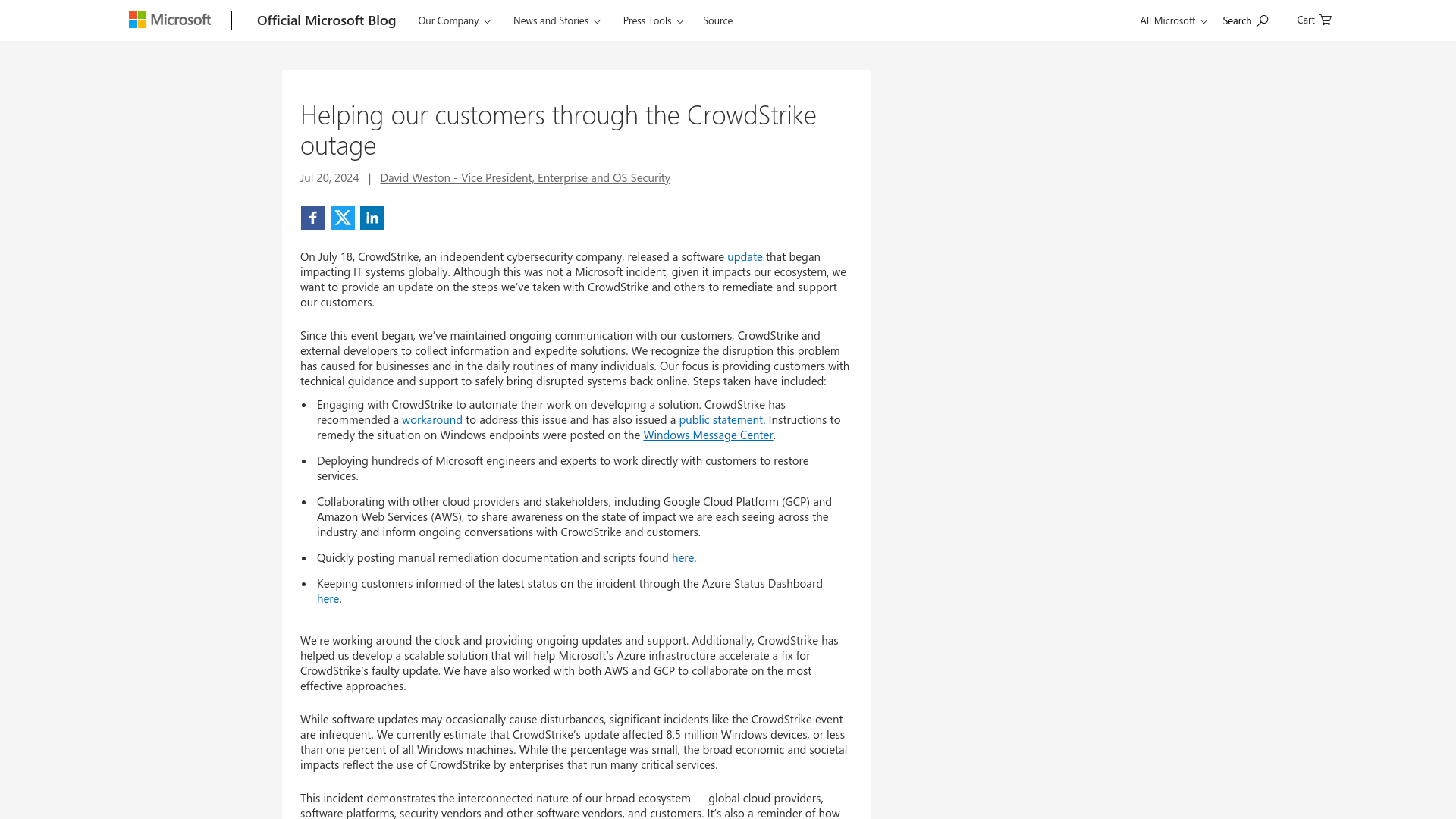 Helping our customers through the CrowdStrike outage - The Official Microsoft Blog