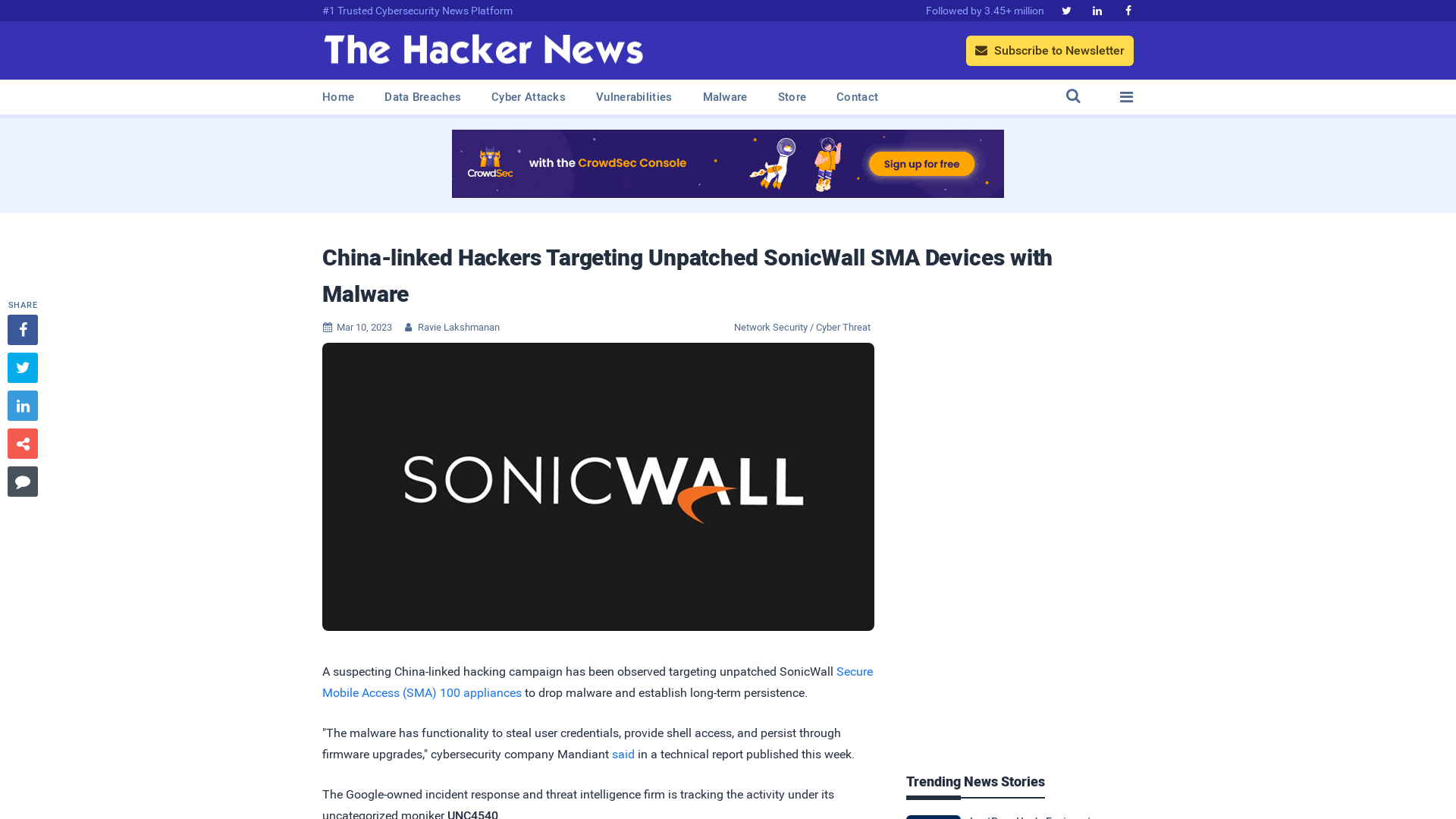 China-linked Hackers Targeting Unpatched SonicWall SMA Devices with Malware