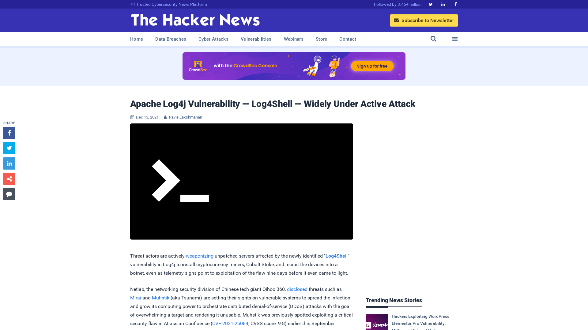 Apache Log4j Vulnerability — Log4Shell — Widely Under Active Attack