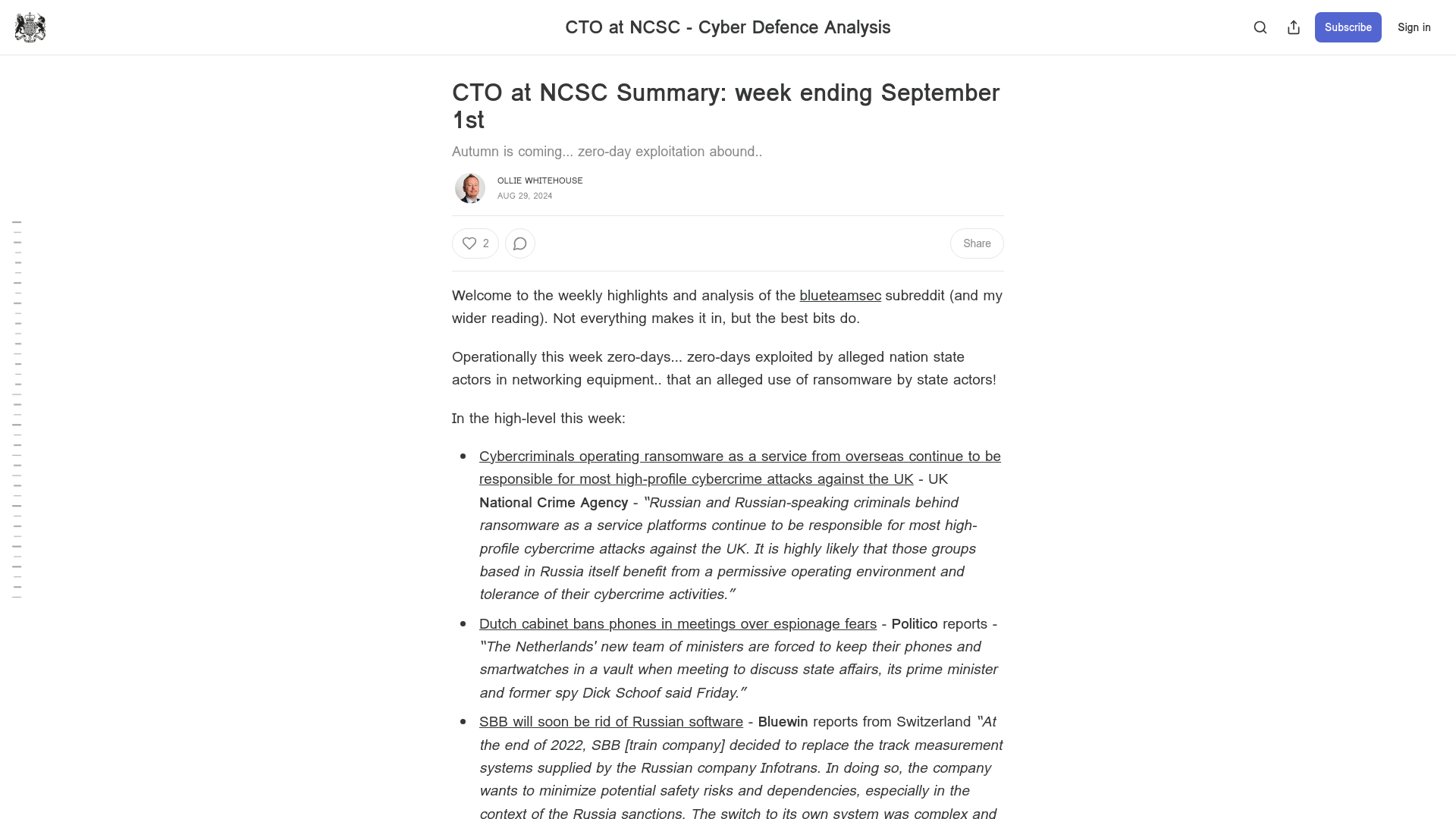 CTO at NCSC Summary: week ending September 1st