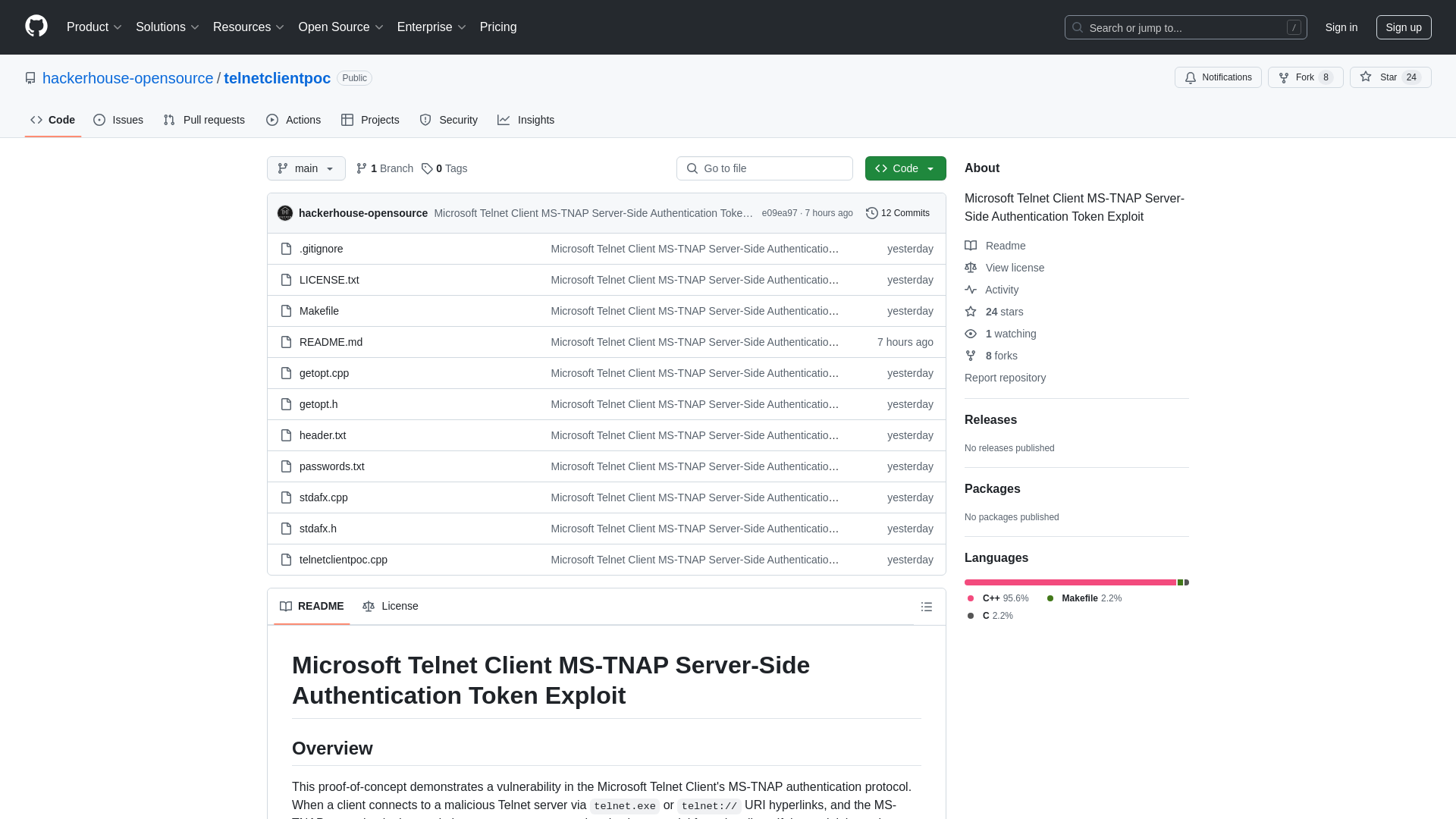 GitHub - hackerhouse-opensource/telnetclientpoc: Microsoft Telnet Client MS-TNAP Server-Side Authentication Token Exploit