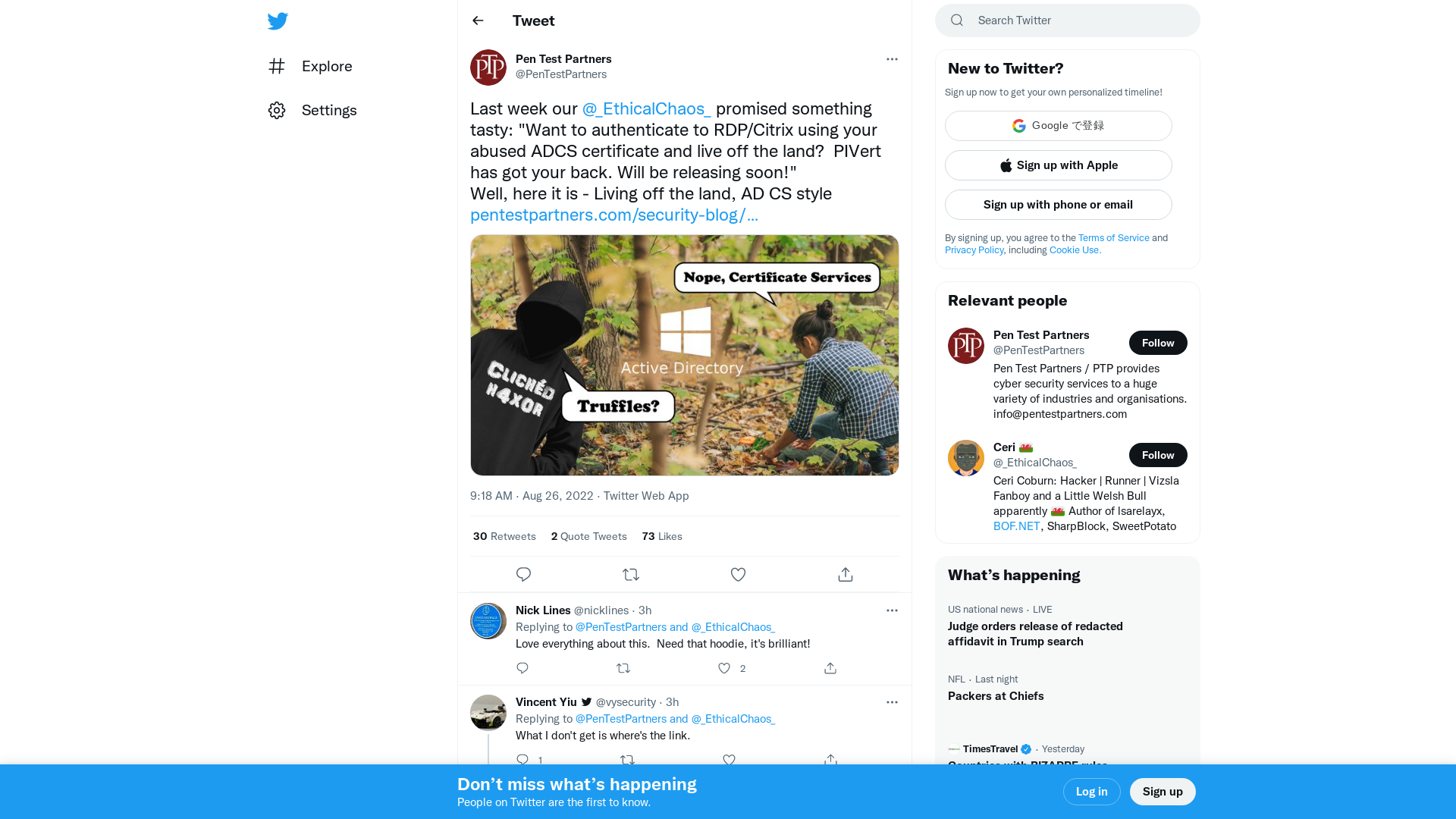 Pen Test Partners on Twitter: "Last week our @_EthicalChaos_ promised something tasty: "Want to authenticate to RDP/Citrix using your abused ADCS certificate and live off the land? PIVert has got your back. Will be releasing soon!" Well, here it is - Living off the land, AD CS style https://t.co/SO1QK6fQ7y https://t.co/F80cbCQ7A4" / Twitter