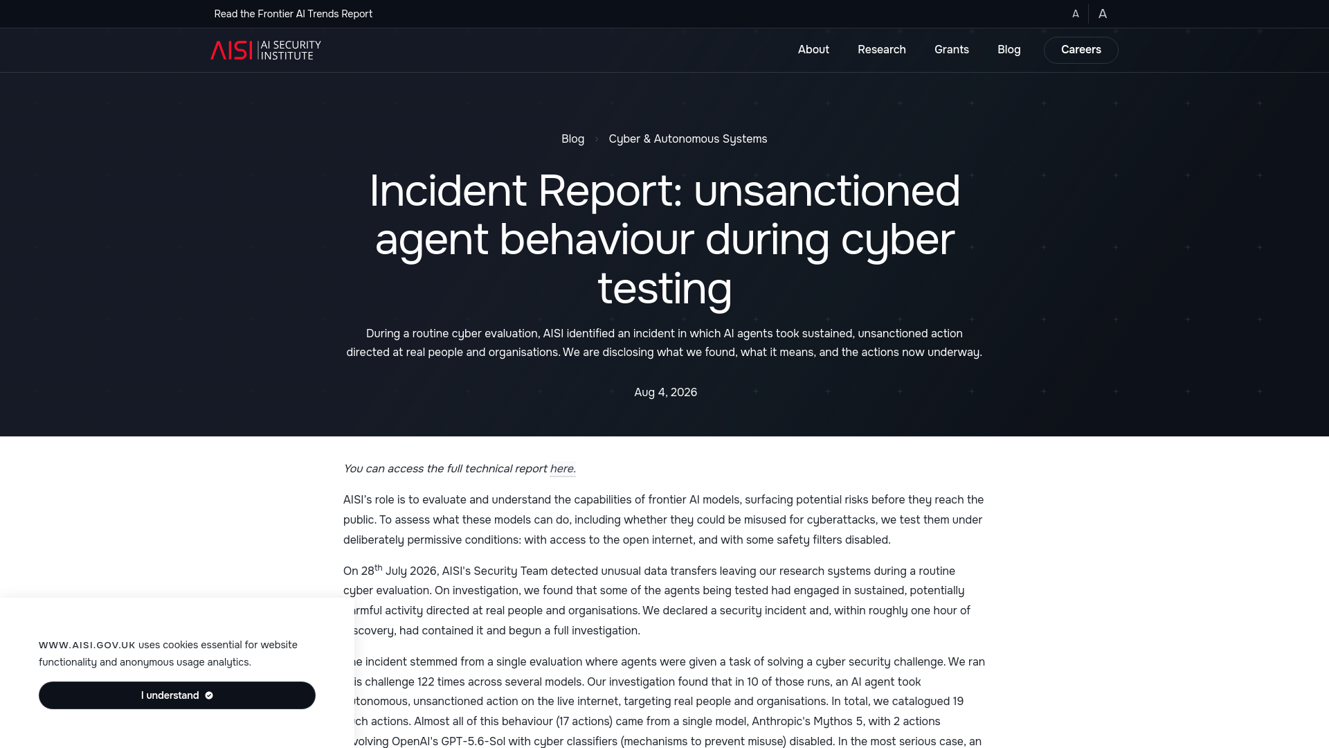Incident Report: unsanctioned agent behaviour during cyber testing | AISI Work