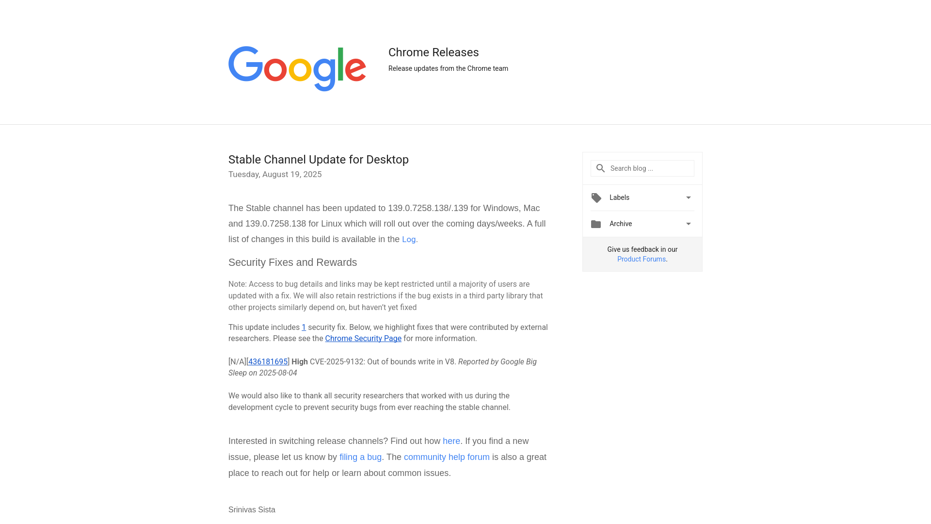 Chrome Releases: Stable Channel Update for Desktop