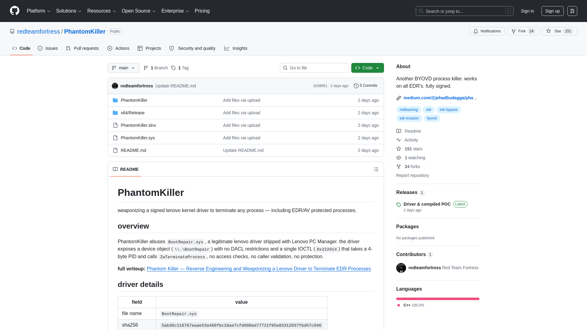 GitHub - redteamfortress/PhantomKiller: Another BYOVD process killer. works on all EDR's. fully signed. · GitHub