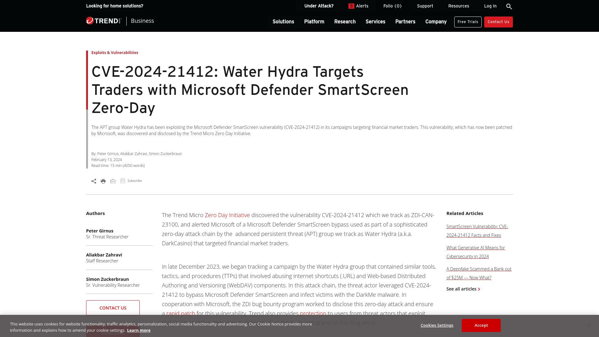 CVE-2024-21412: Water Hydra Targets Traders with Microsoft Defender SmartScreen Zero-Day