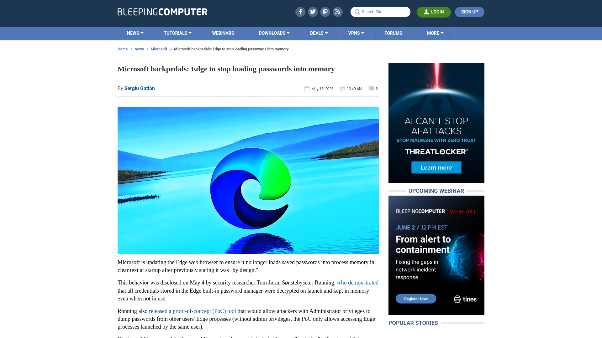 Microsoft backpedals: Edge to stop loading passwords into memory