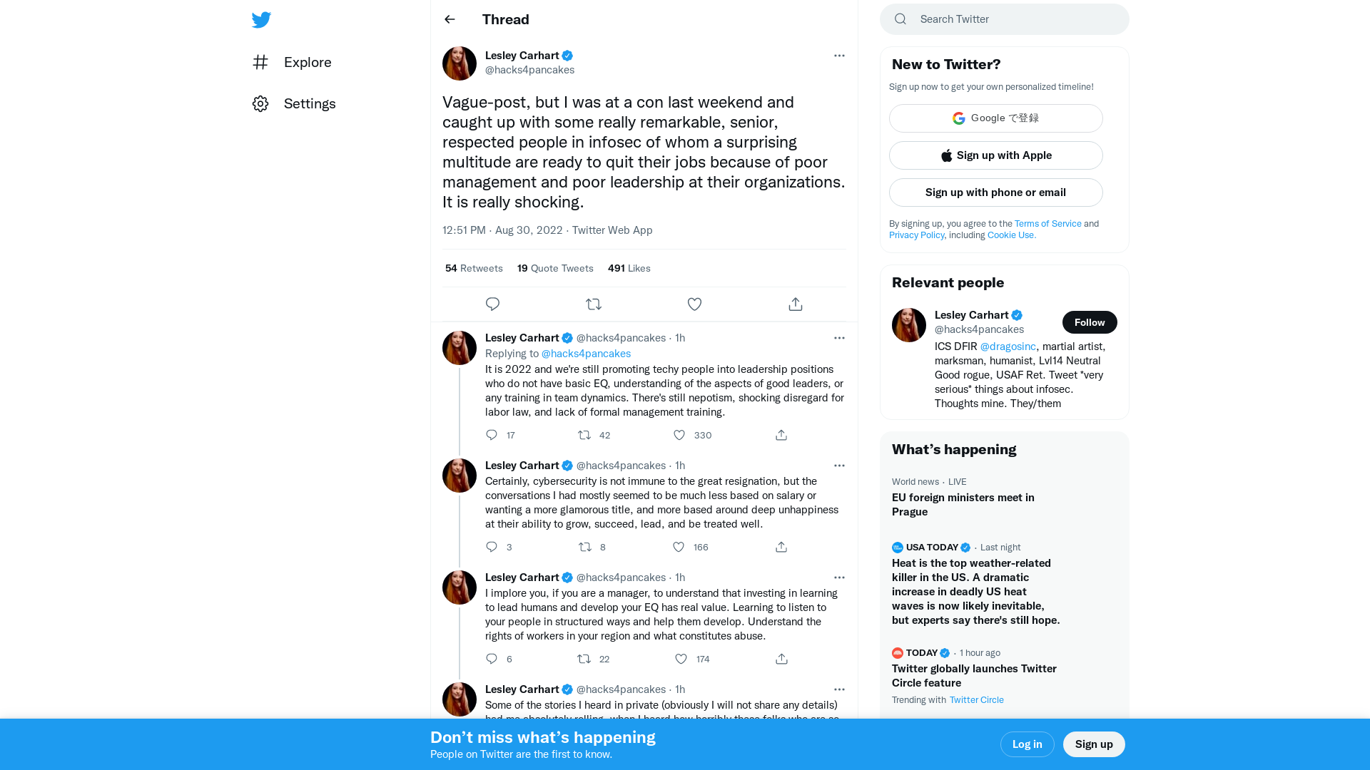 Lesley Carhart on Twitter: "Vague-post, but I was at a con last weekend and caught up with some really remarkable, senior, respected people in infosec of whom a surprising multitude are ready to quit their jobs because of poor management and poor leadership at their organizations. It is really shocking." / Twitter