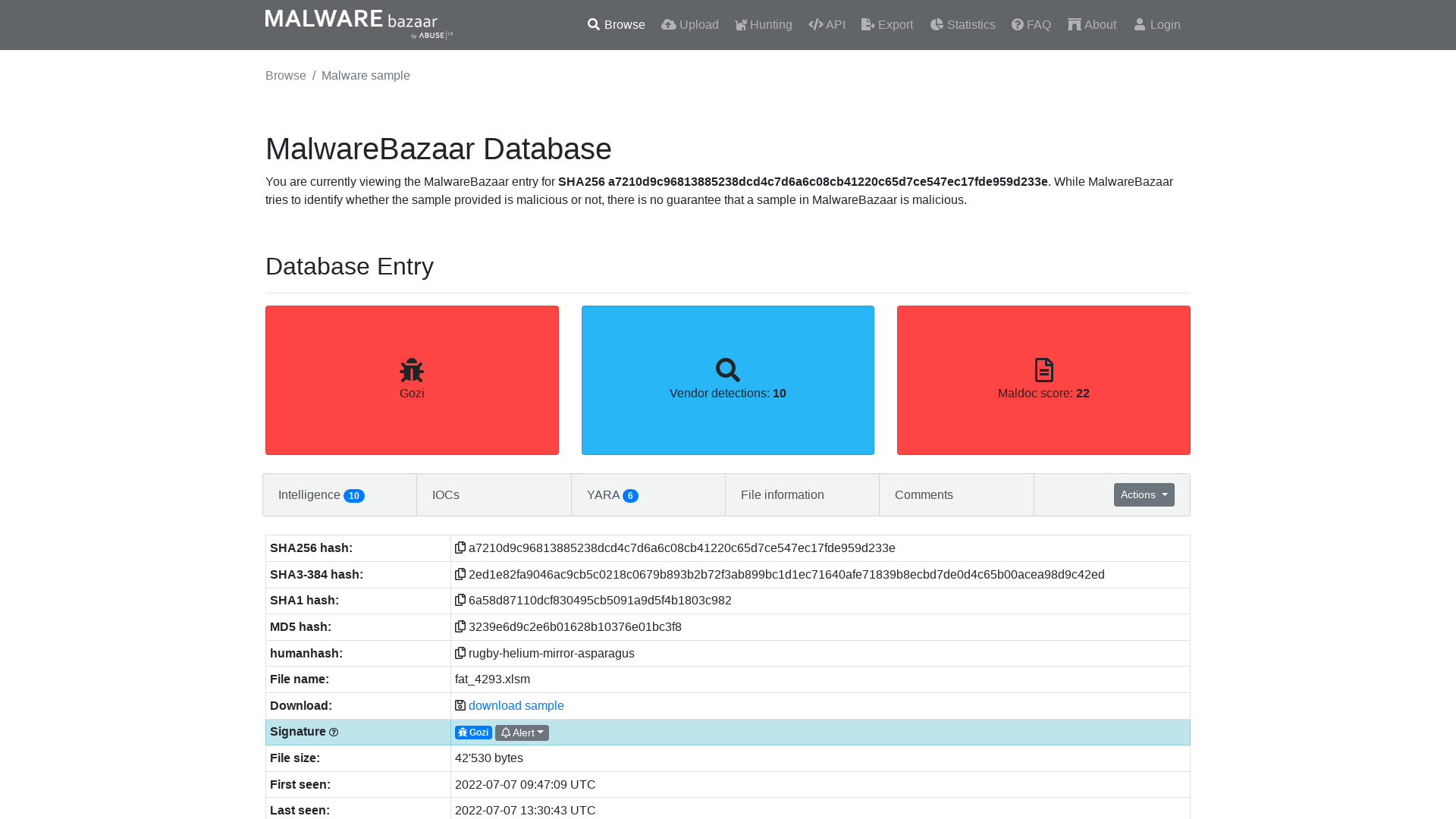 MalwareBazaar | SHA256 a7210d9c96813885238dcd4c7d6a6c08cb41220c65d7ce547ec17fde959d233e (Gozi)