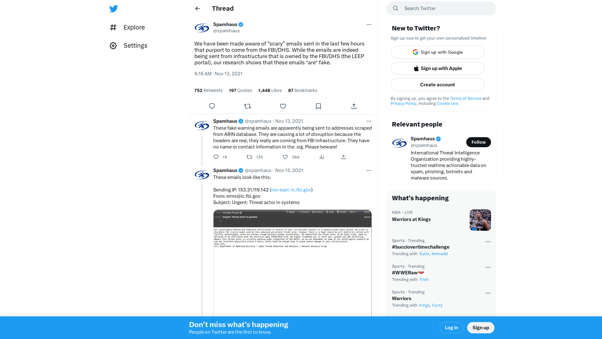 Spamhaus on Twitter: "We have been made aware of "scary" emails sent in the last few hours that purport to come from the FBI/DHS. While the emails are indeed being sent from infrastructure that is owned by the FBI/DHS (the LEEP portal), our research shows that these emails *are* fake." / Twitter