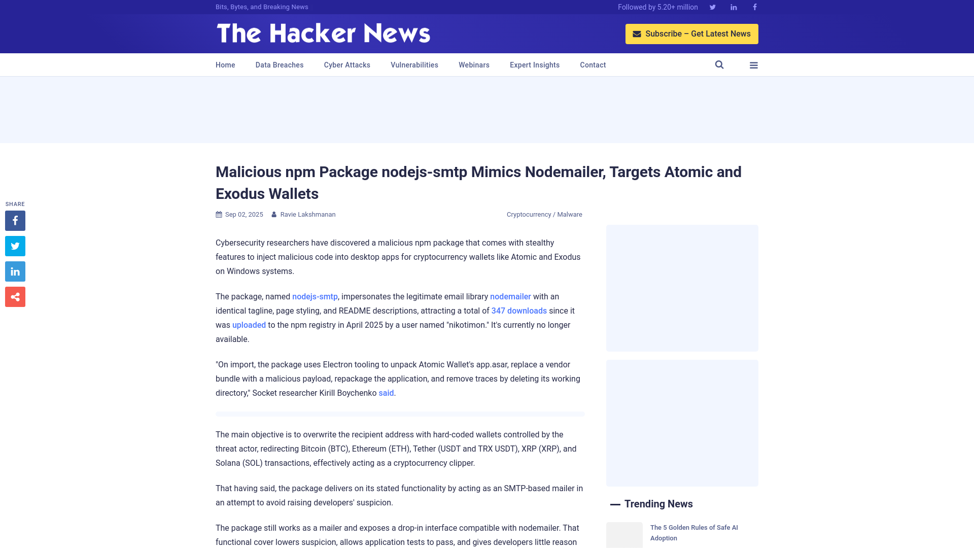 Malicious npm Package nodejs-smtp Mimics Nodemailer, Targets Atomic and Exodus Wallets