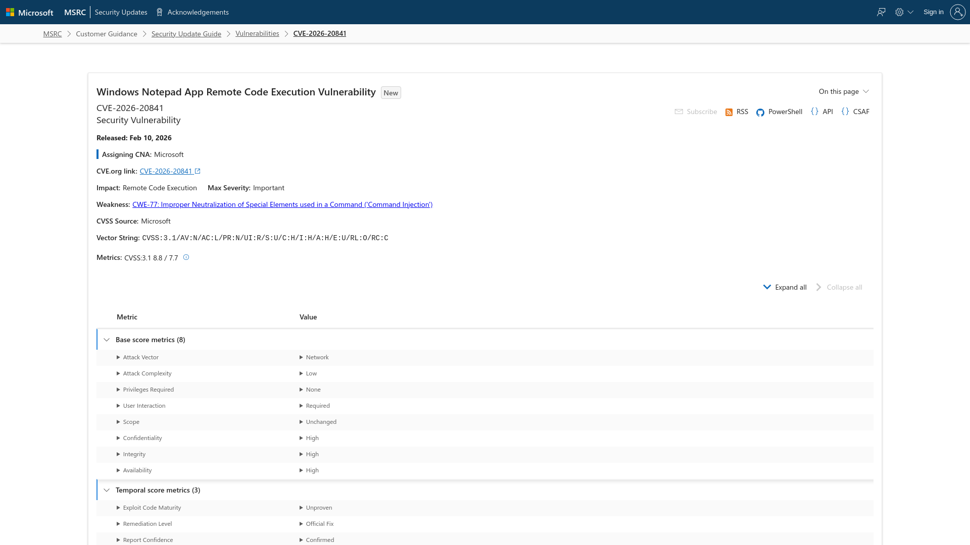 CVE-2026-20841 - Security Update Guide - Microsoft - Windows Notepad App Remote Code Execution Vulnerability