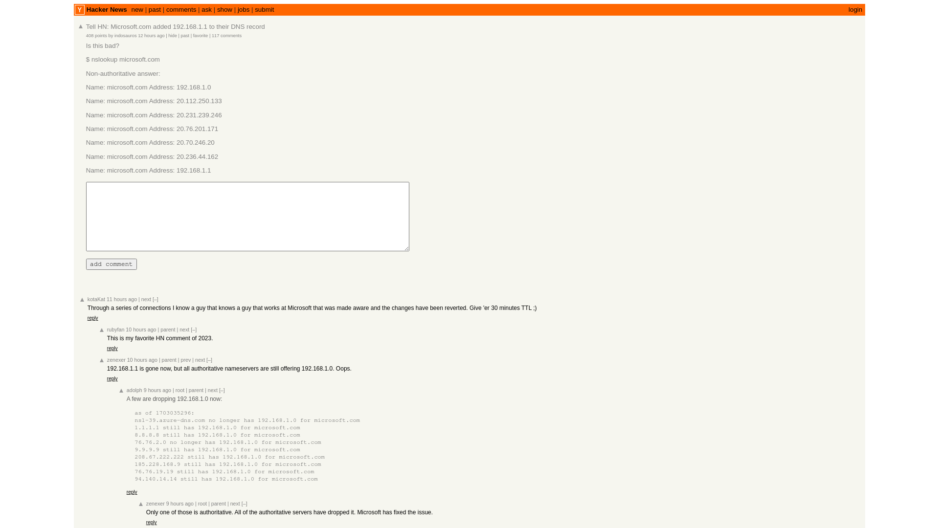 Tell HN: Microsoft.com added 192.168.1.1 to their DNS record | Hacker News