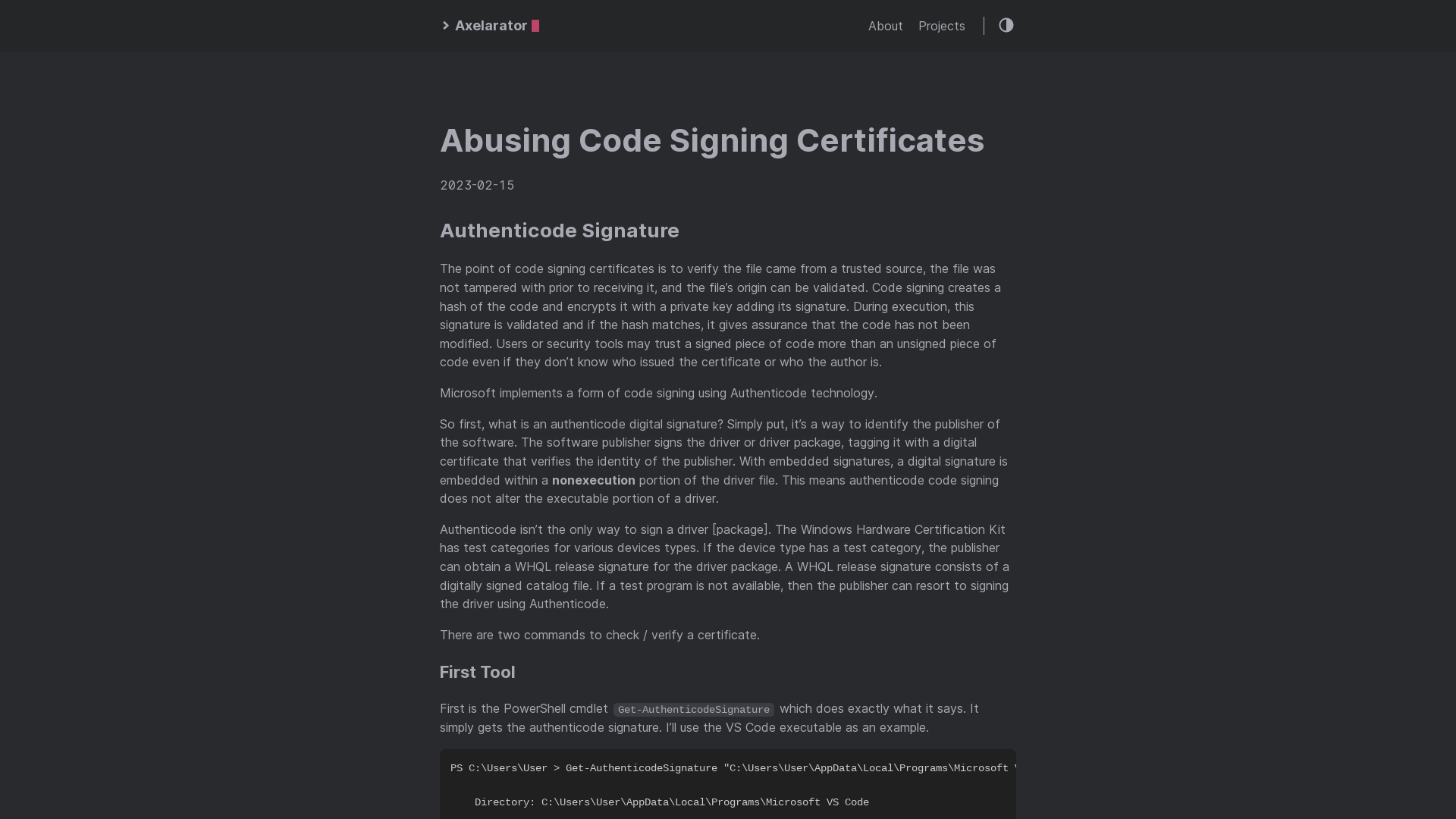 Abusing Code Signing Certificates :: Axelarator Blog — A simple theme for Hugo