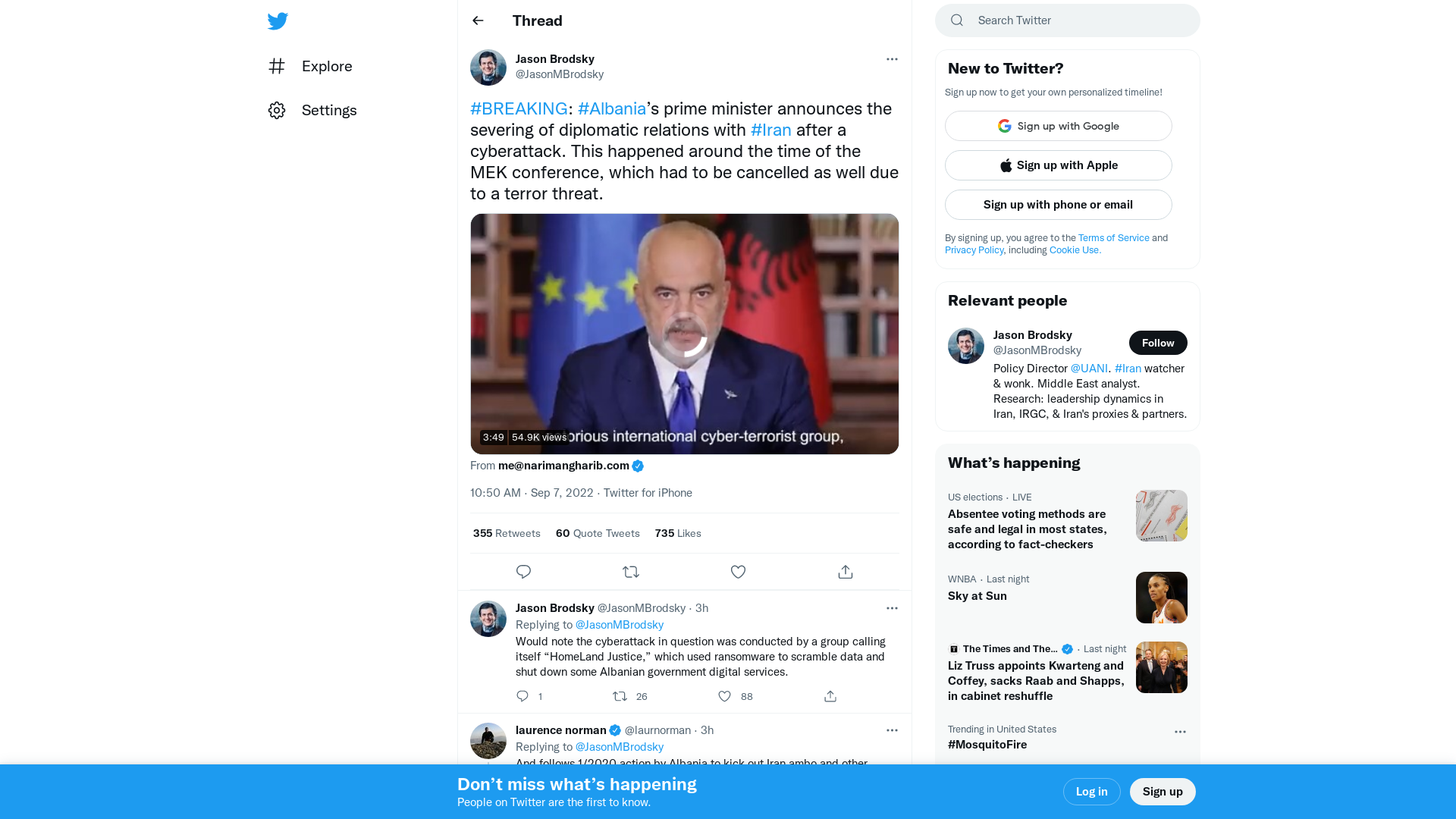 Jason Brodsky on Twitter: "#BREAKING: #Albania’s prime minister announces the severing of diplomatic relations with #Iran after a cyberattack. This happened around the time of the MEK conference, which had to be cancelled as well due to a terror threat. https://t.co/NXdioQjW4p" / Twitter