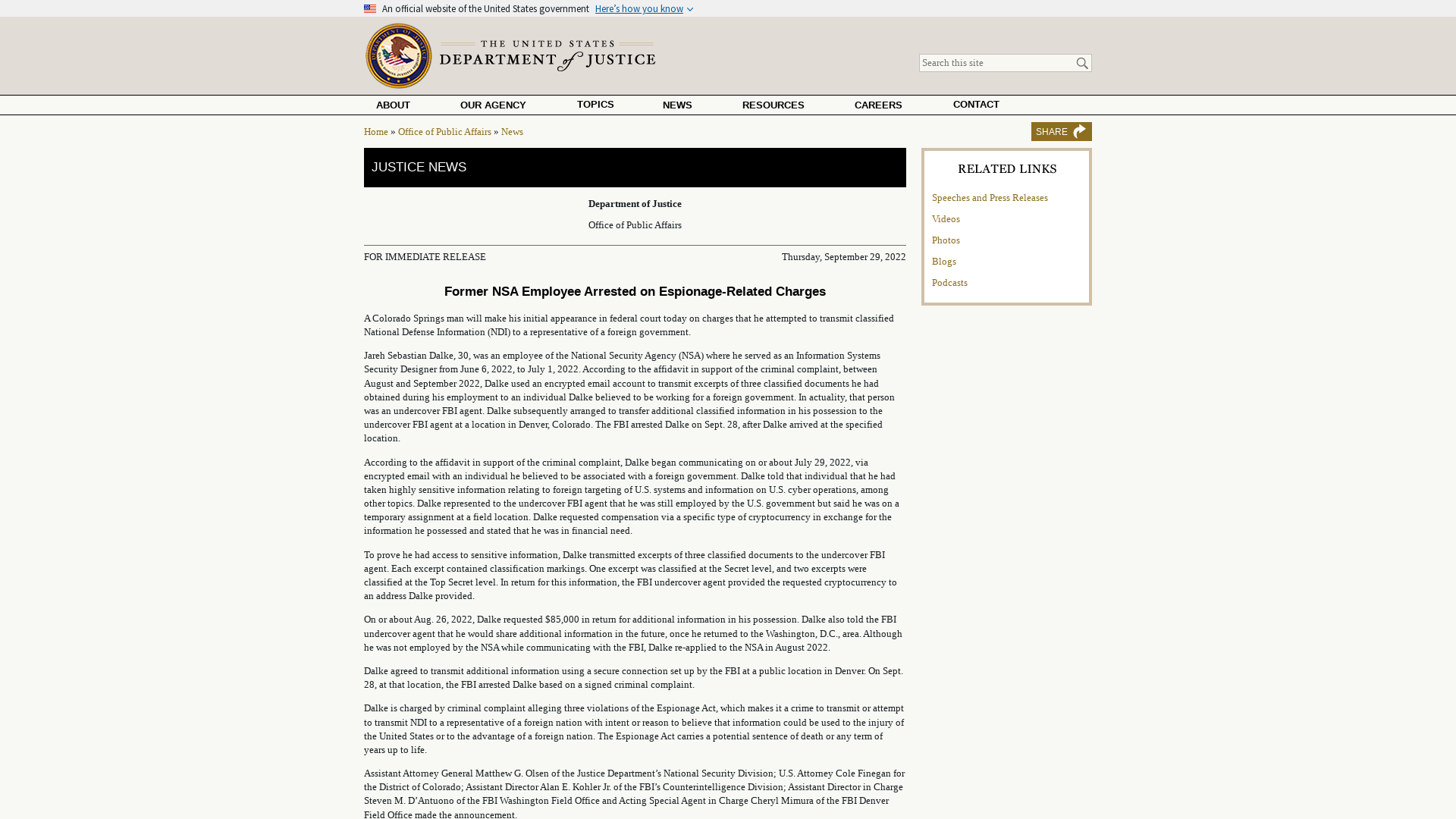 Former NSA Employee Arrested on Espionage-Related Charges | OPA | Department of Justice