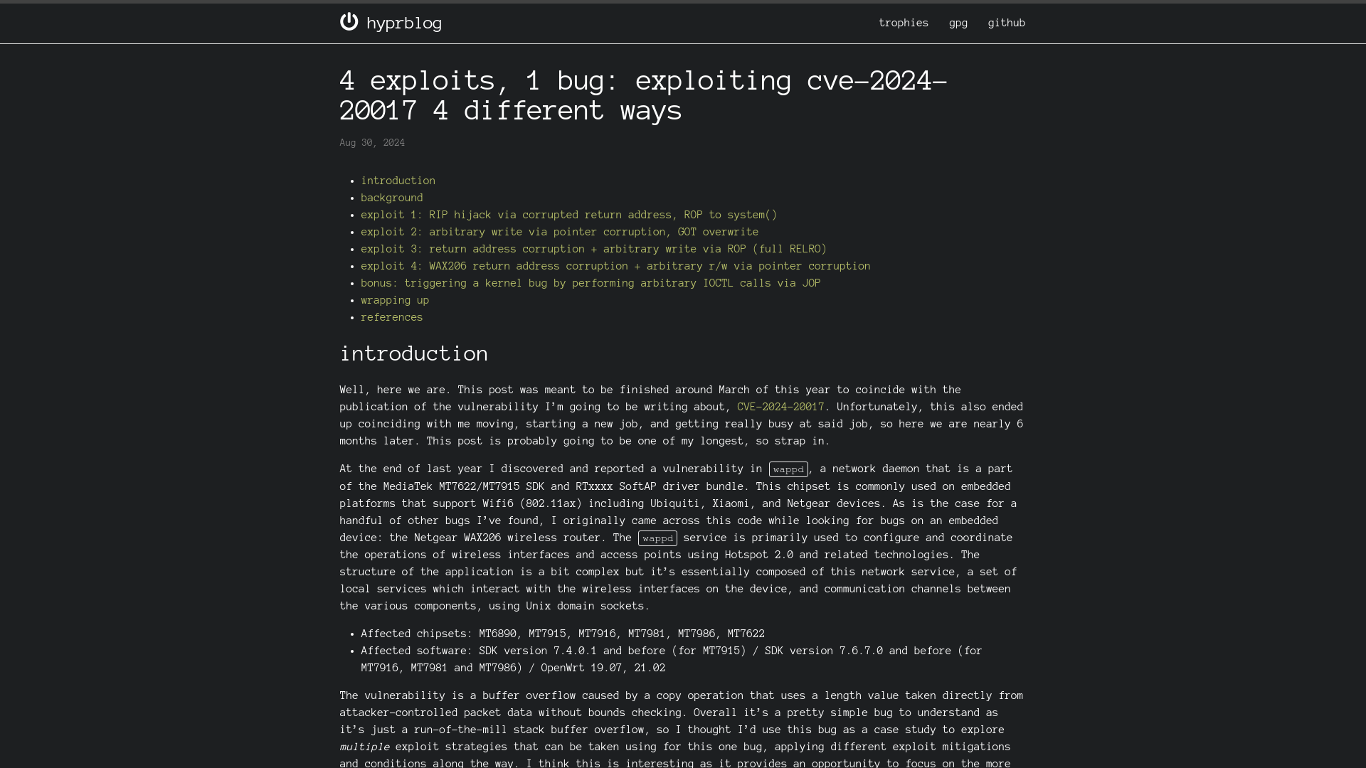 4 exploits, 1 bug: exploiting CVE-2024-20017 4 different ways | hyprblog