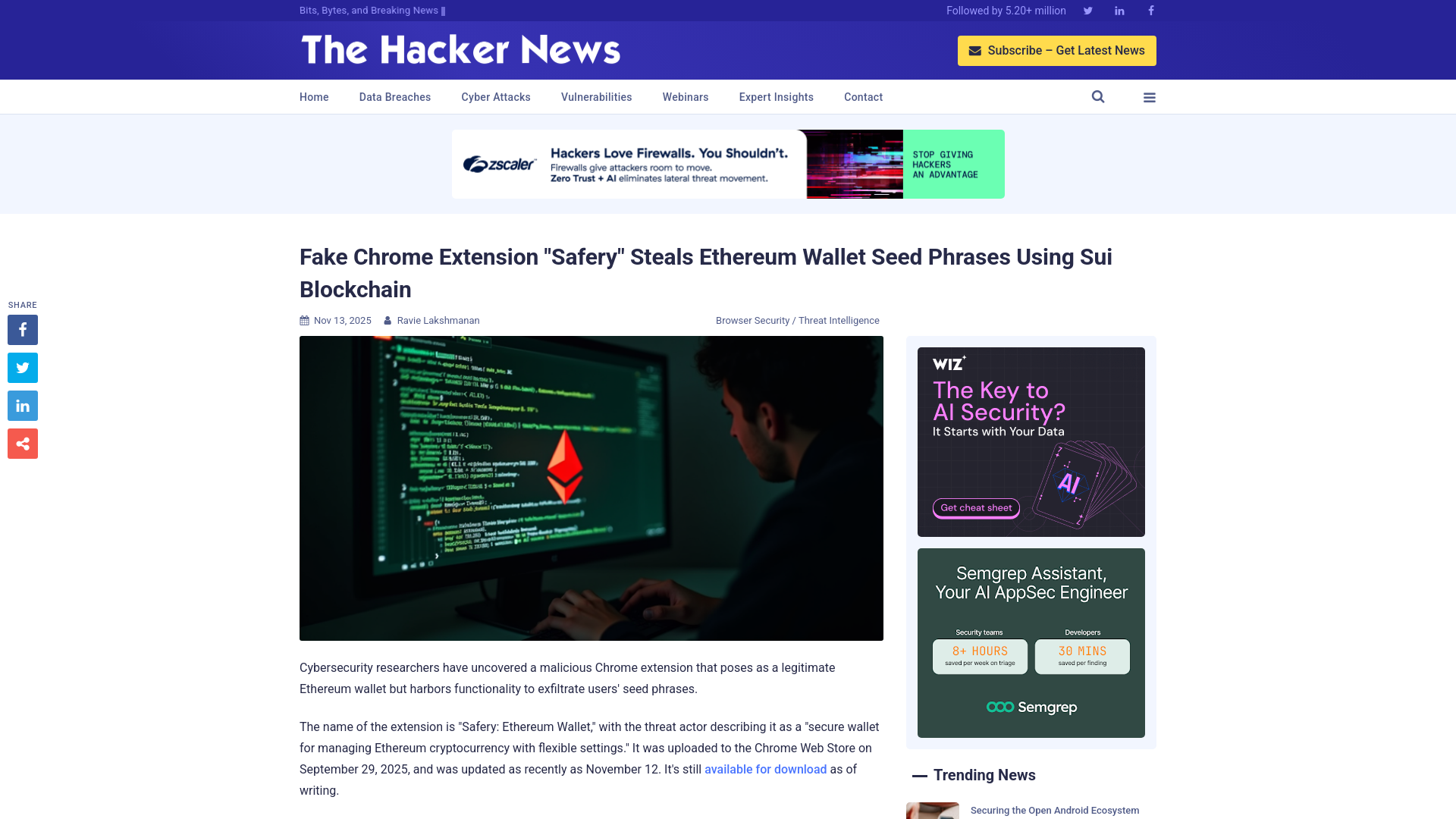 Fake Chrome Extension "Safery" Steals Ethereum Wallet Seed Phrases Using Sui Blockchain