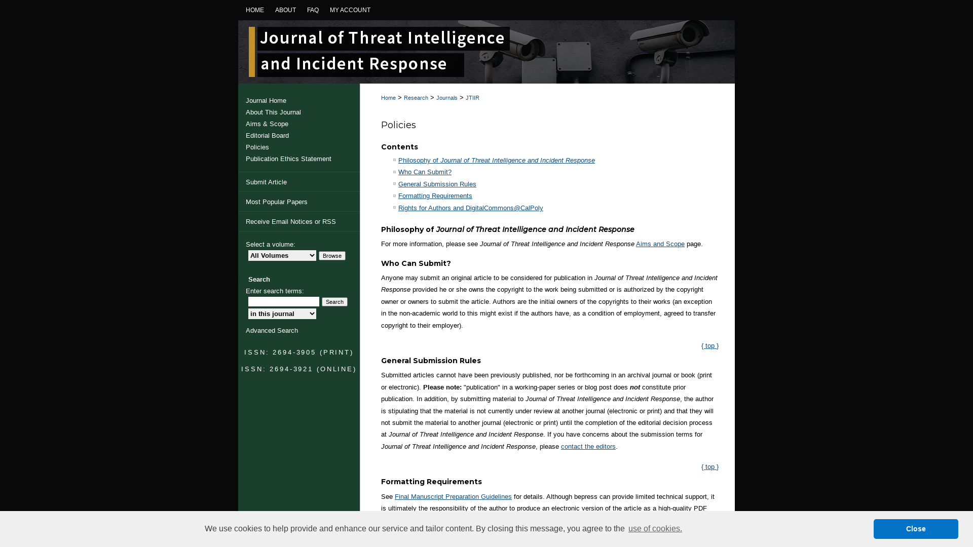 Policies | Journal of Threat Intelligence and Incident Response | Journals | California Polytechnic State University, San Luis Obispo