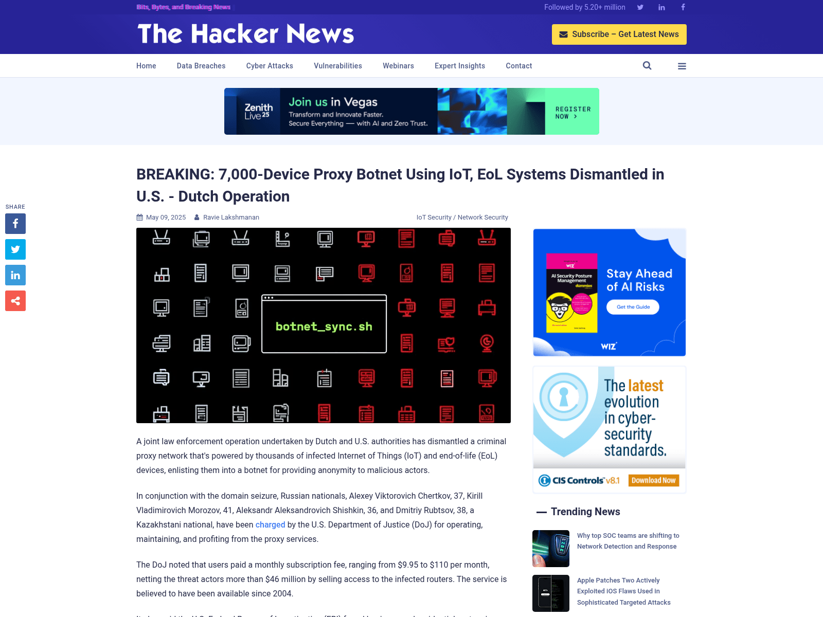 BREAKING: 7,000-Device Proxy Botnet Using IoT, EoL Systems Dismantled in U.S. - Dutch Operation