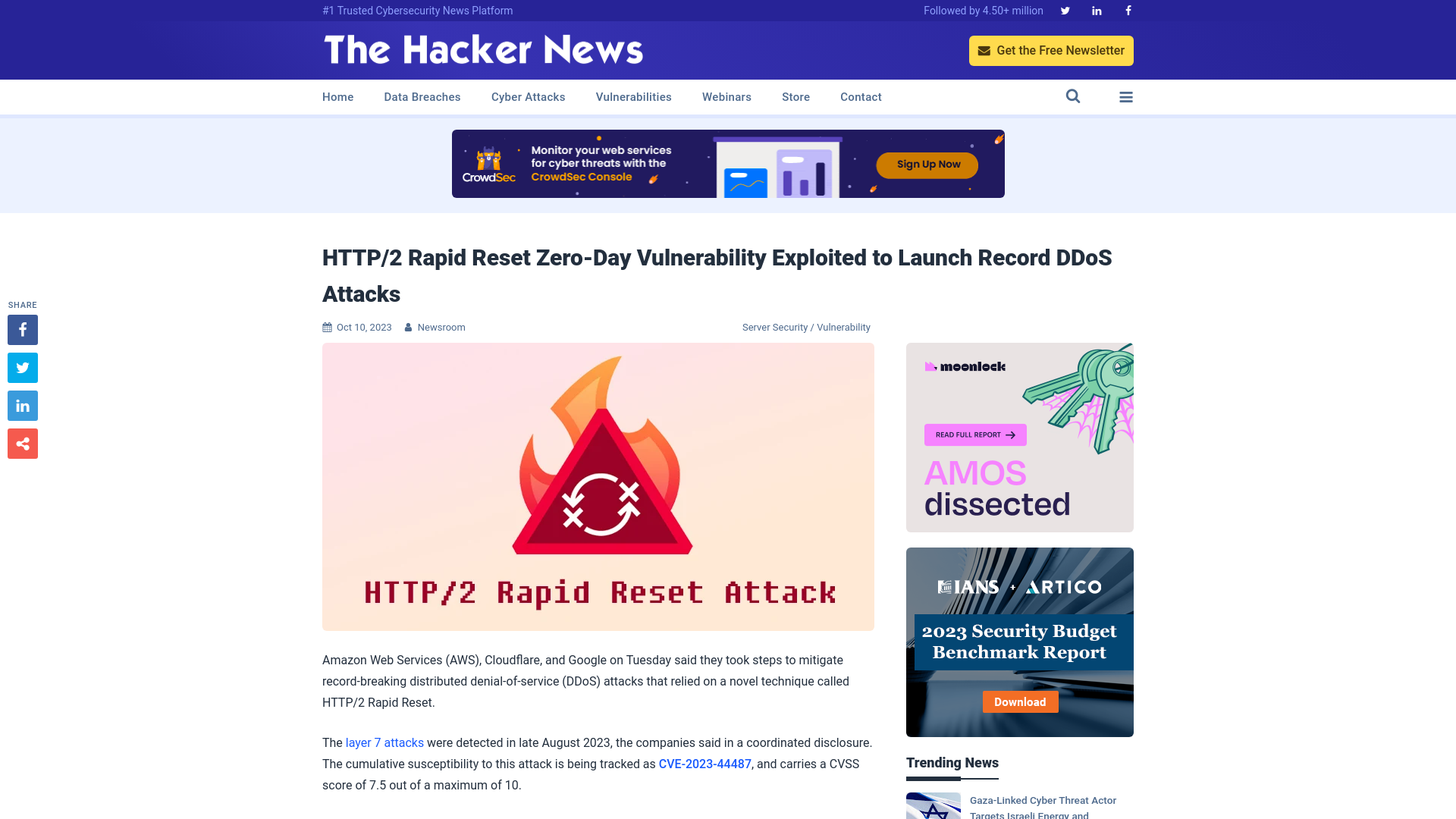 HTTP/2 Rapid Reset Zero-Day Vulnerability Exploited to Launch Record DDoS Attacks