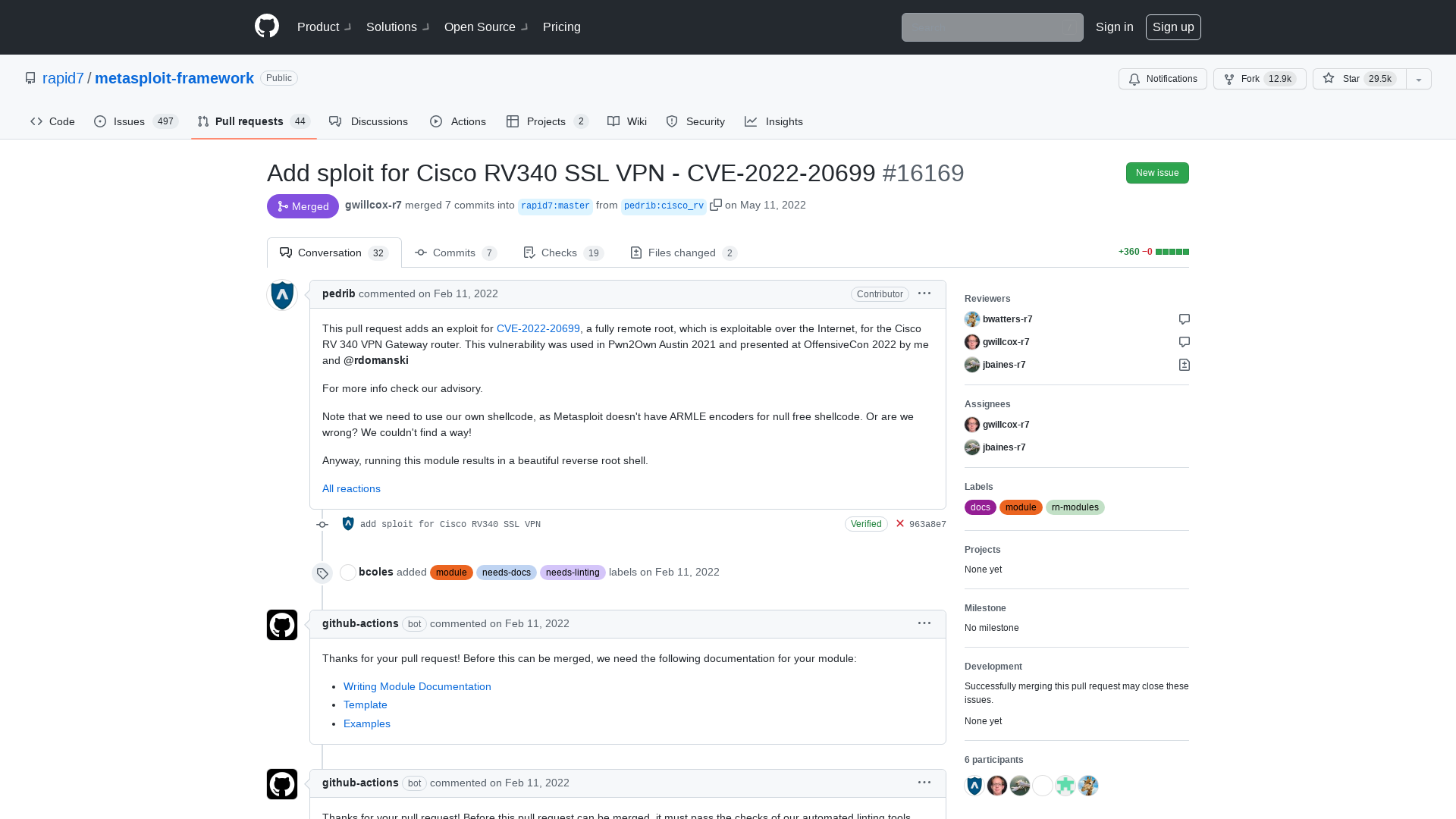 Add sploit for Cisco RV340 SSL VPN - CVE-2022-20699 by pedrib · Pull Request #16169 · rapid7/metasploit-framework · GitHub