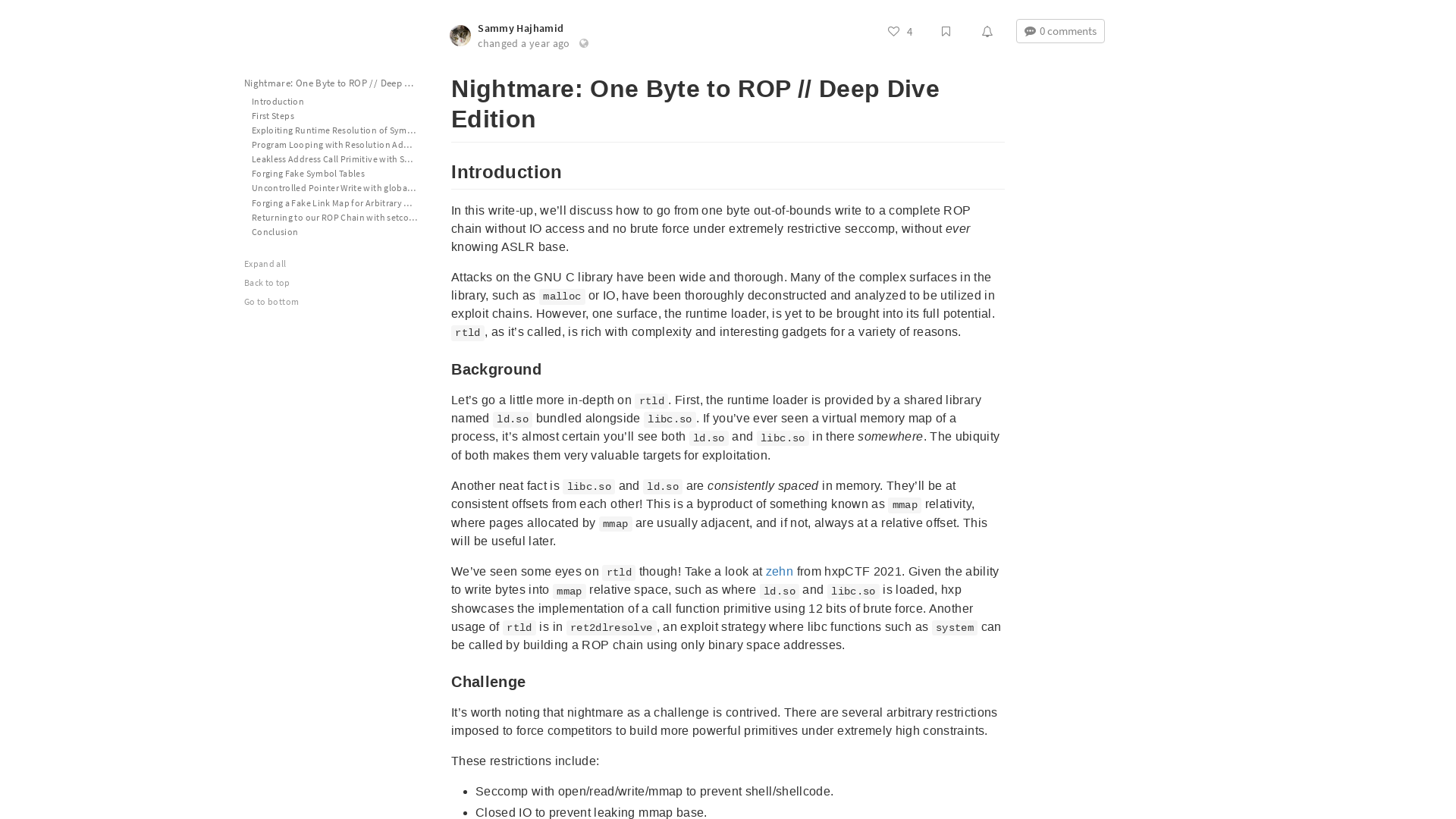 Nightmare: One Byte to ROP // Deep Dive Edition - HackMD