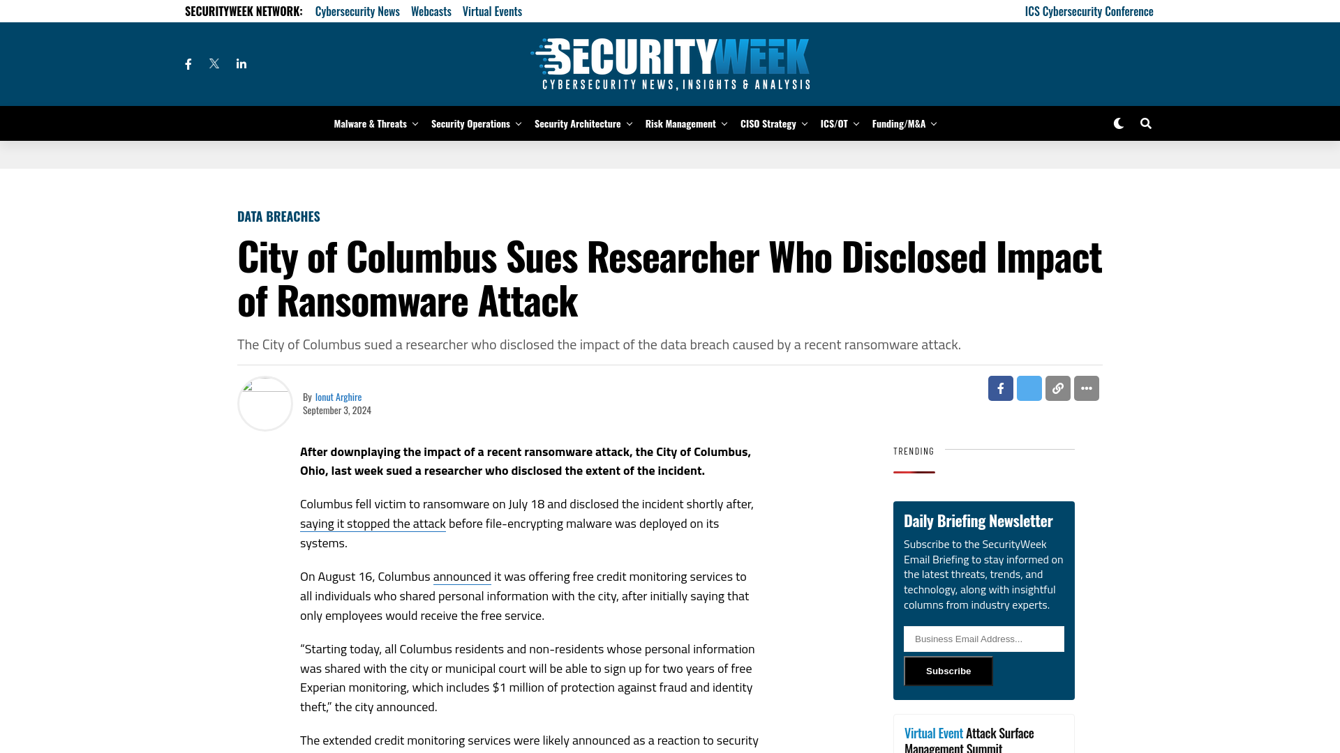 City of Columbus Sues Researcher Who Disclosed Impact of Ransomware Attack - SecurityWeek