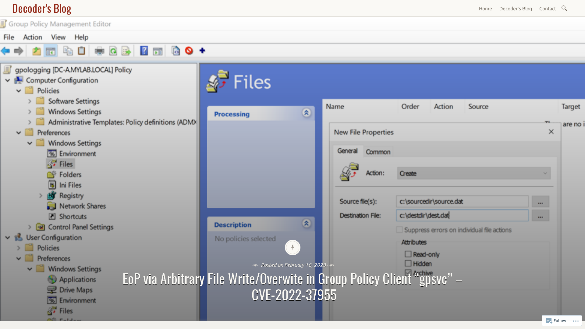 EoP via Arbitrary File Write/Overwite in Group Policy Client “gpsvc” – CVE-2022-37955 – Decoder's Blog