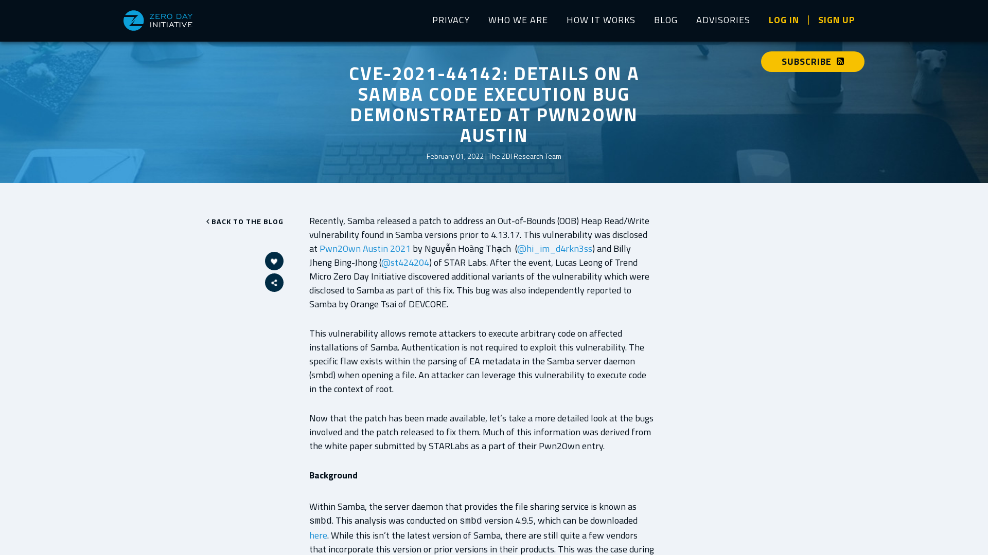 Zero Day Initiative — CVE-2021-44142: Details on a Samba Code Execution Bug Demonstrated at Pwn2Own Austin