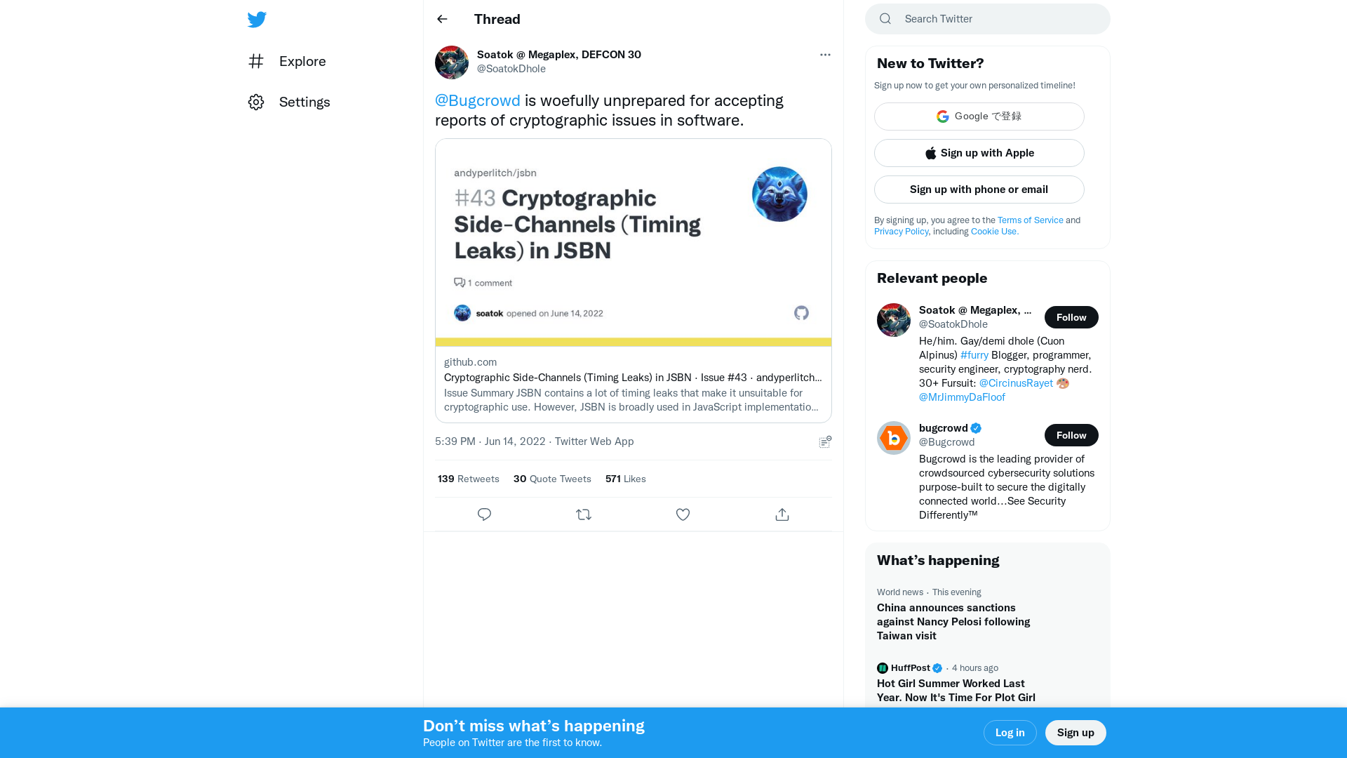Soatok @ Megaplex, DEFCON 30 on Twitter: "@Bugcrowd is woefully unprepared for accepting reports of cryptographic issues in software. https://t.co/q41BmJfZRZ" / Twitter