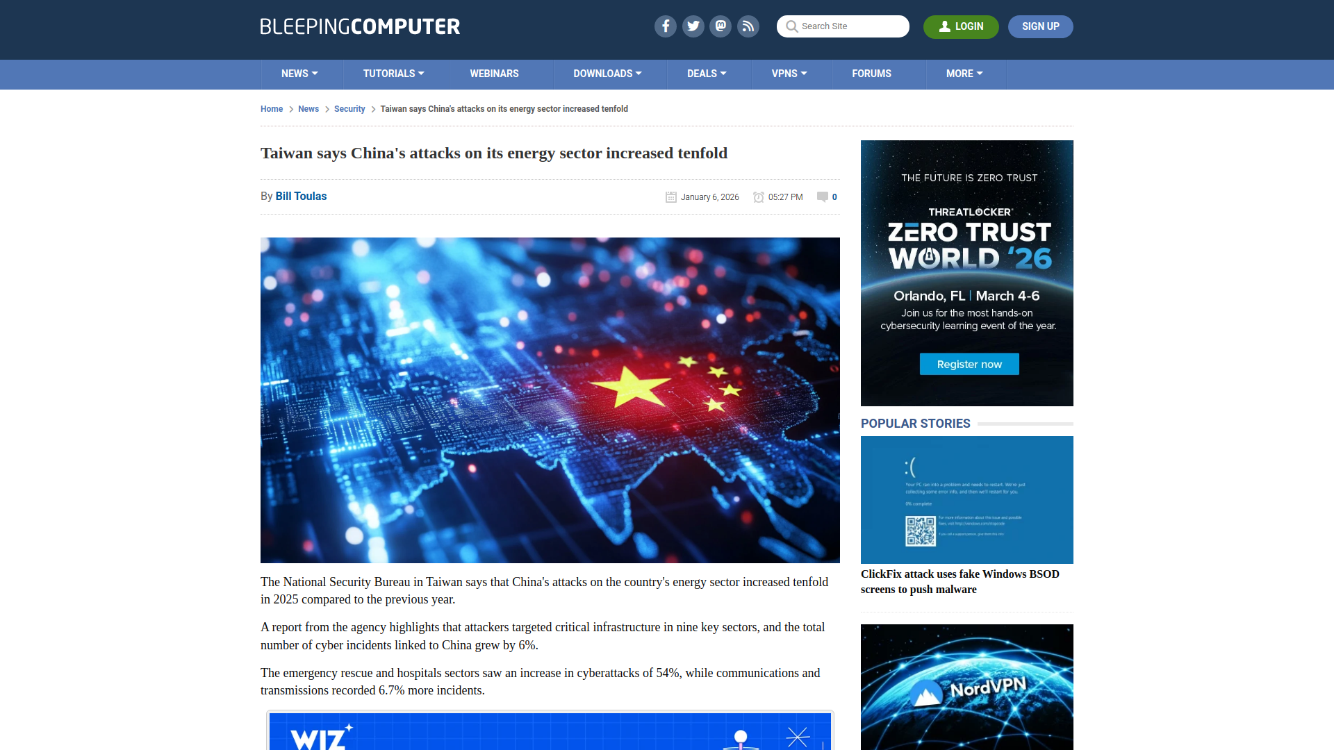 Taiwan says China's attacks on its energy sector increased tenfold