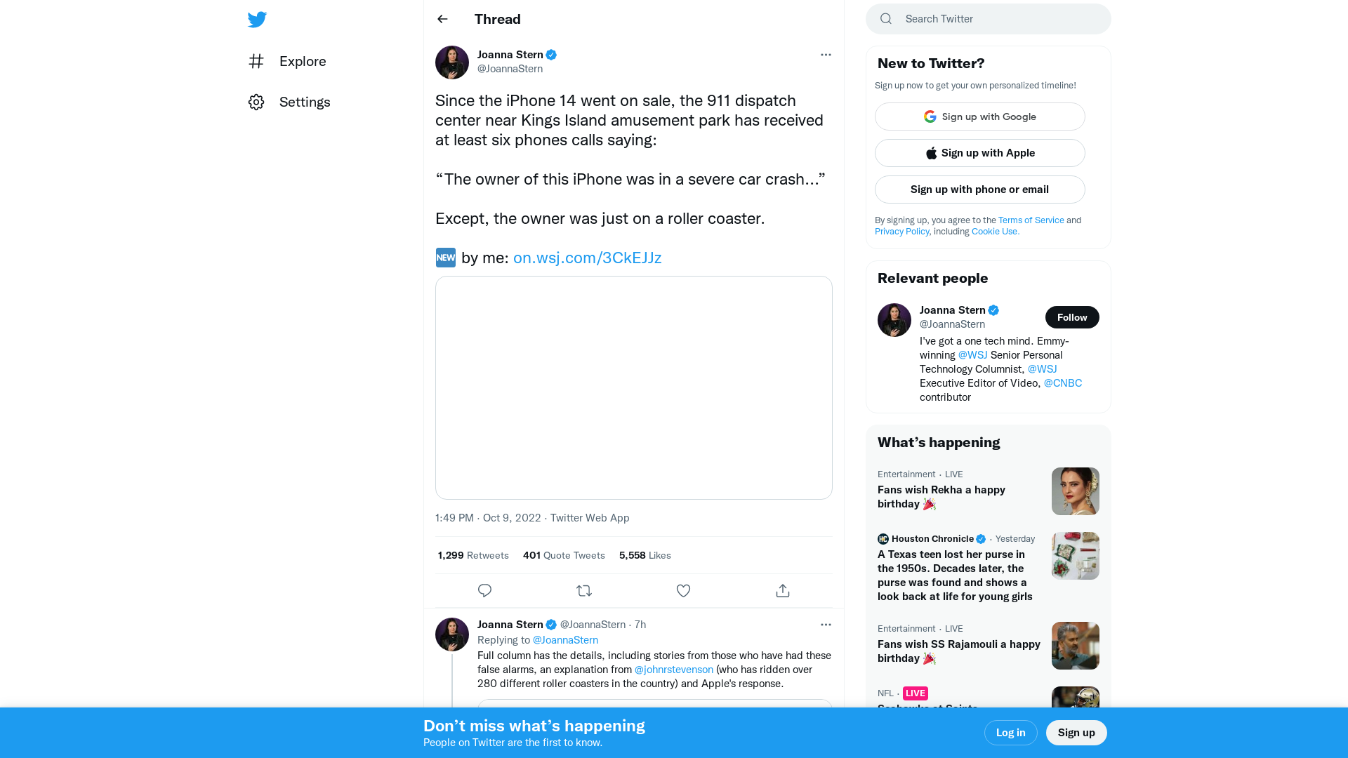 Joanna Stern on Twitter: "Since the iPhone 14 went on sale, the 911 dispatch center near Kings Island amusement park has received at least six phones calls saying: “The owner of this iPhone was in a severe car crash...” Except, the owner was just on a roller coaster. 🆕 by me: https://t.co/hp1fHZBIf6 https://t.co/i0lZPoWzGz" / Twitter