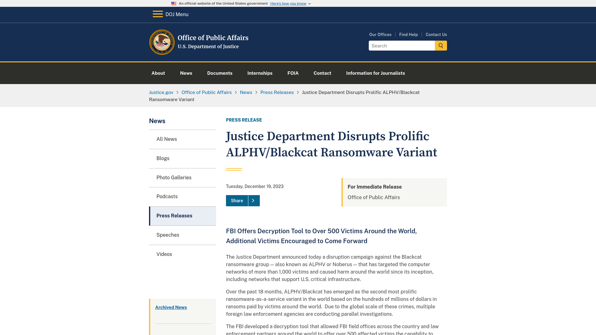 Office of Public Affairs | Justice Department Disrupts Prolific ALPHV/Blackcat Ransomware Variant | United States Department of Justice