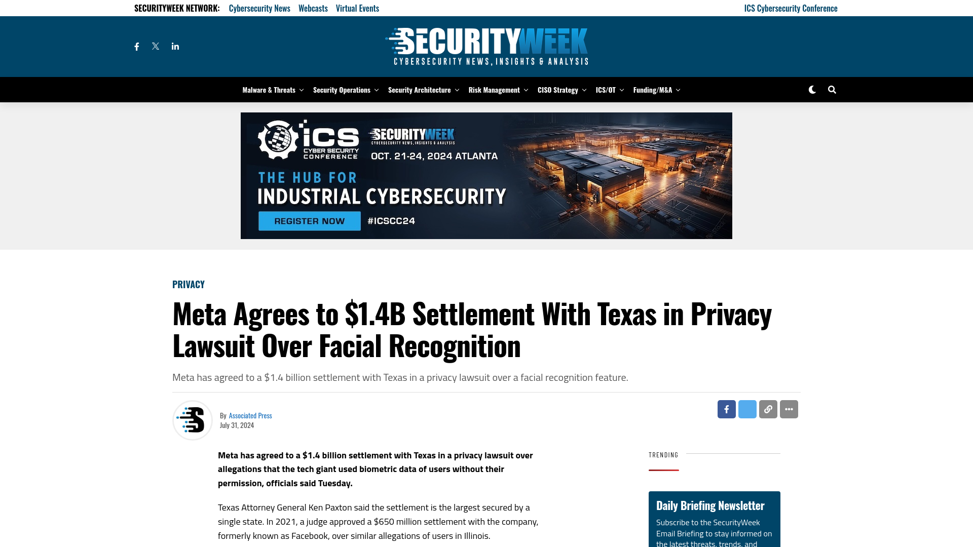 Meta Agrees to $1.4B Settlement With Texas in Privacy Lawsuit Over Facial Recognition - SecurityWeek