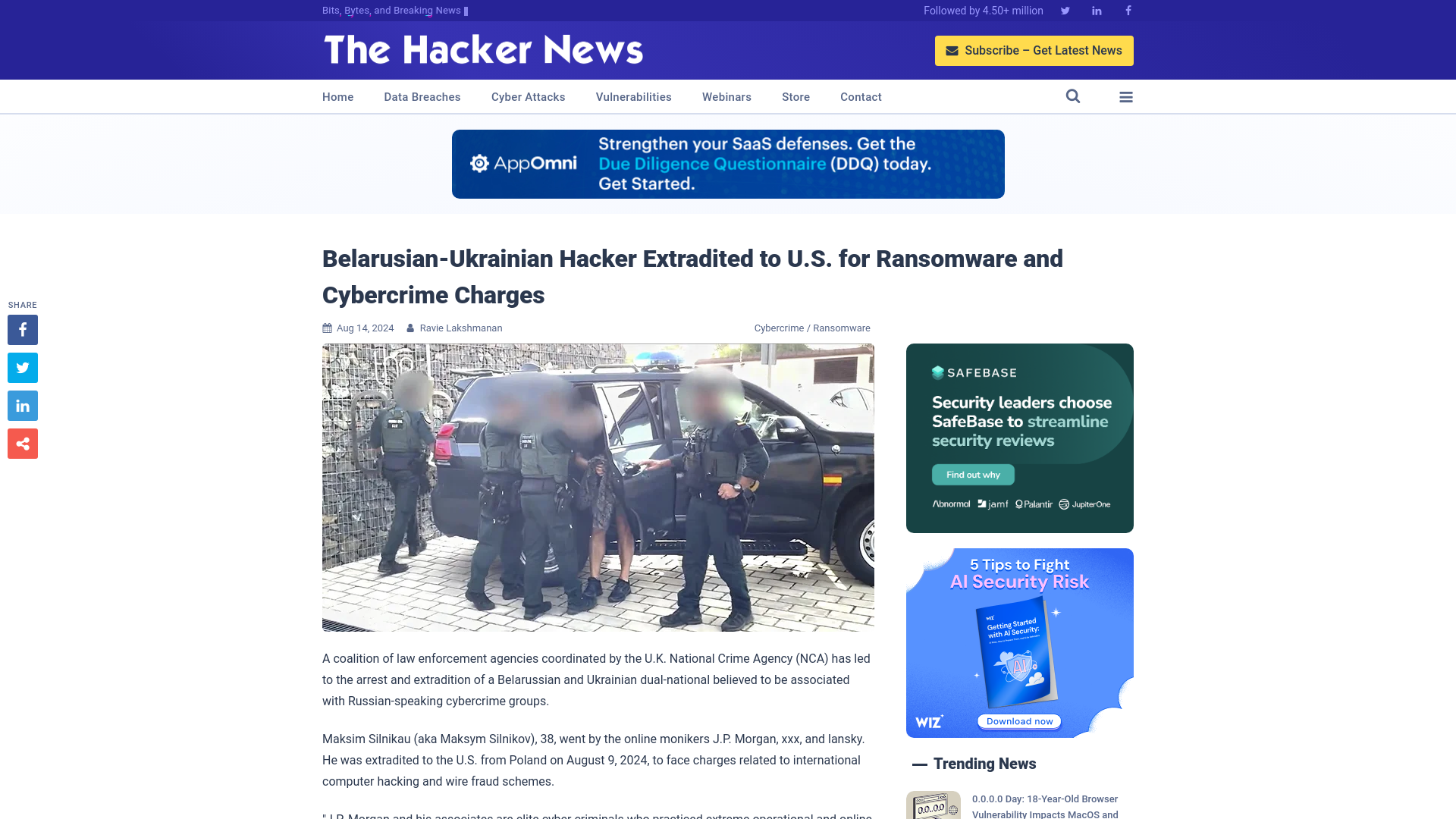 Belarusian-Ukrainian Hacker Extradited to U.S. for Ransomware and Cybercrime Charges