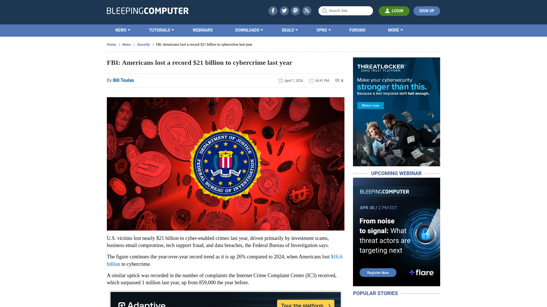 FBI: Americans lost a record $21 billion to cybercrime last year