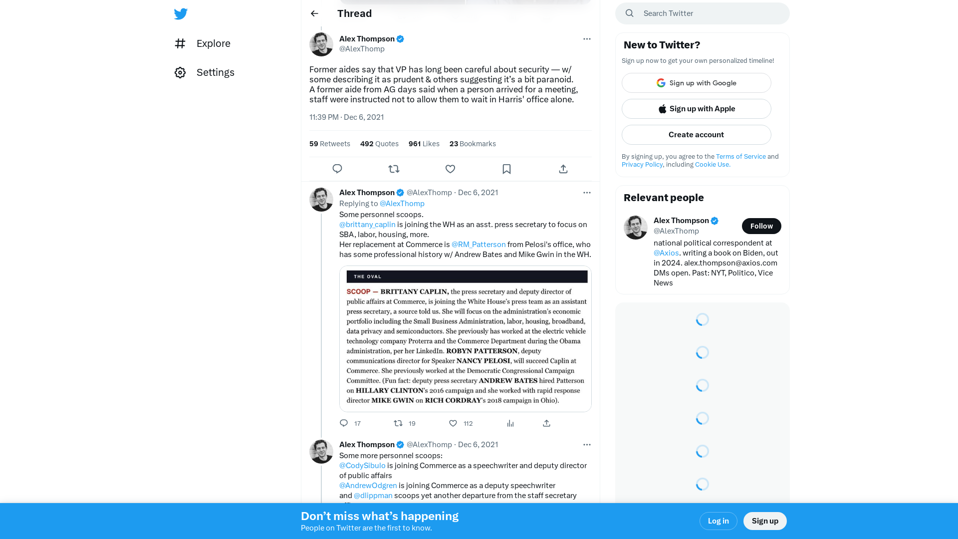 Alex Thompson on Twitter: "Former aides say that VP has long been careful about security — w/ some describing it as prudent &amp; others suggesting it’s a bit paranoid. A former aide from AG days said when a person arrived for a meeting, staff were instructed not to allow them to wait in Harris' office alone." / Twitter