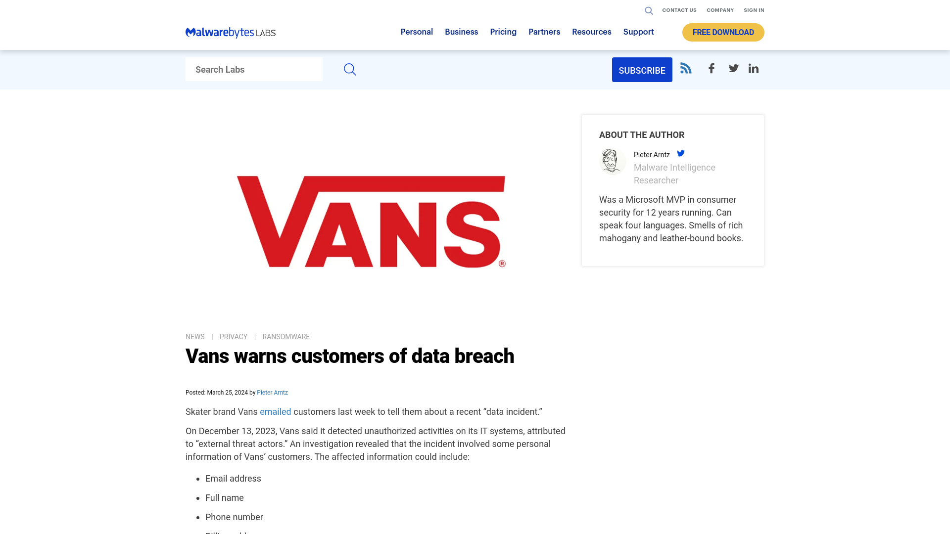 Vans warns customers of data breach | Malwarebytes